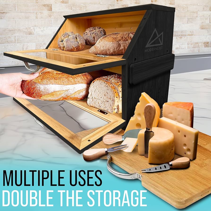 Amazon.com: Modernlyst Extra Large Black Bread Box with Cutting