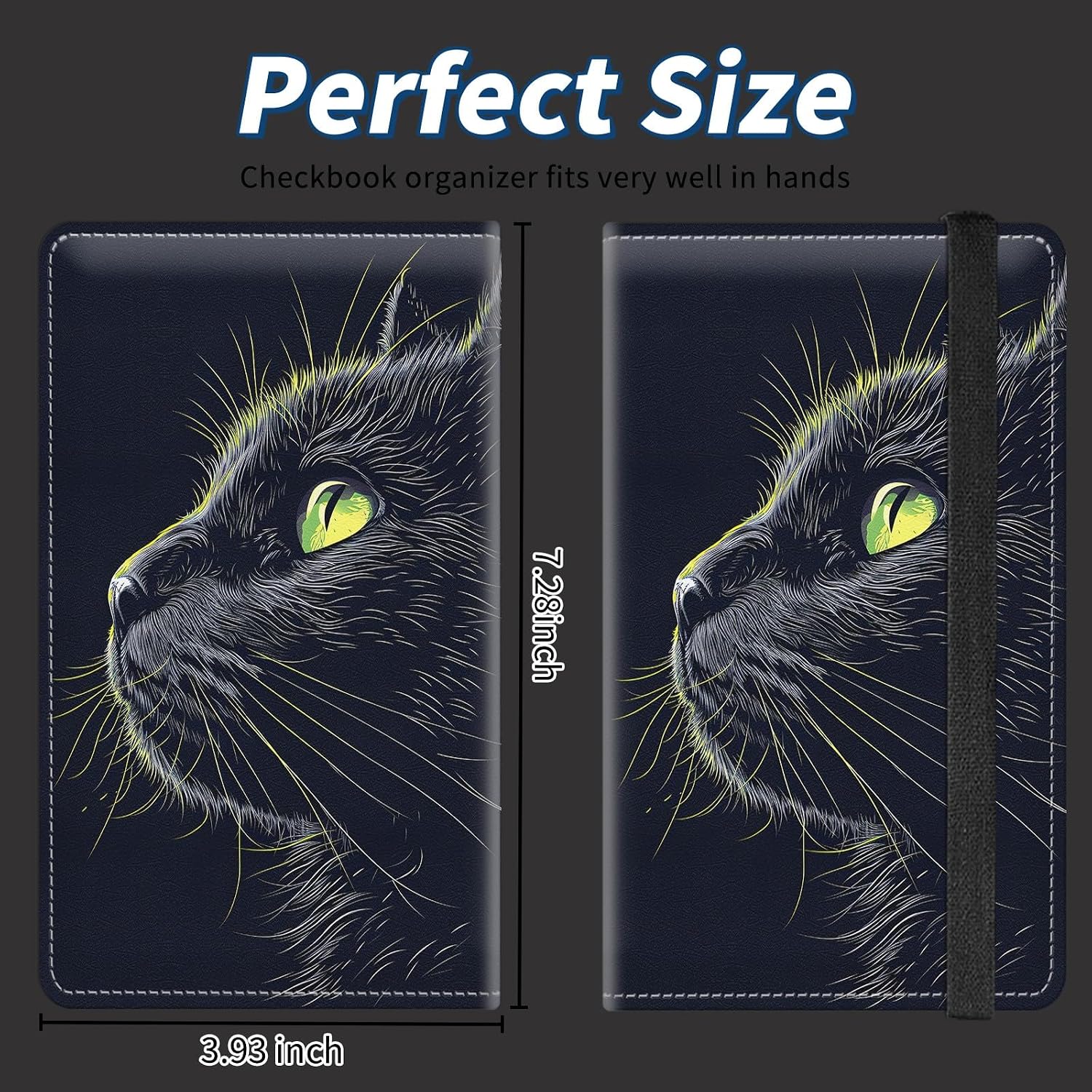 Checkbook Cover for Personal Checkbook for Men & Women Check Book Cover Wallet Cute Pu Leather with Pen Holder Card Slots Elastic Strap with Duplicate Checks Cute Black Cat
