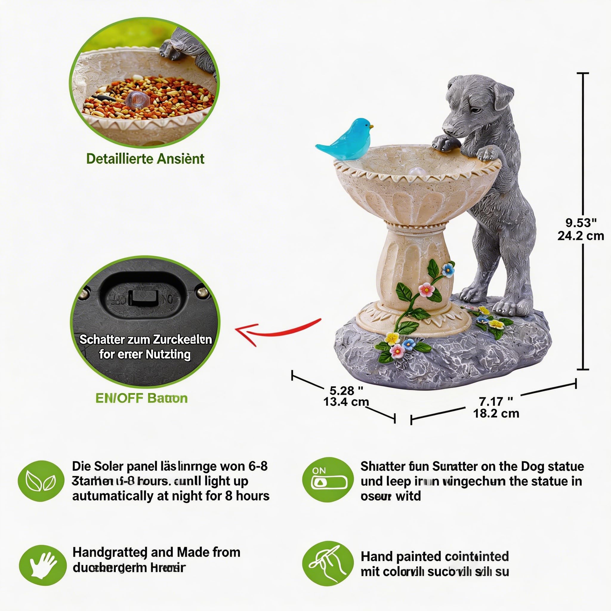 Solar Hund Figuren mit Solar Vogelleuchten Deko für Außen：Lustige Hunde Gartendeko Hundebesitzer Geschenk für Frauen Mama - Wasserdicht Deko für Garten Balkon Terrasse
