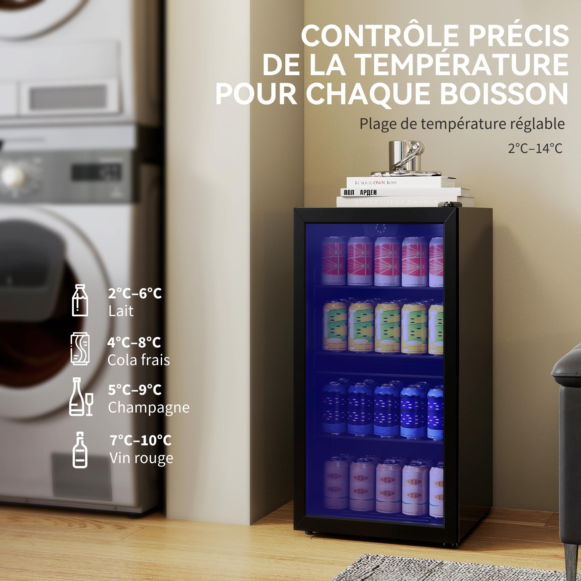 HOMCOM Réfrigérateur à Boissons 93 L, Frigo 115 Canettes, Porte Vitrée, Éclairage LED, Contrôle Température, Noir
