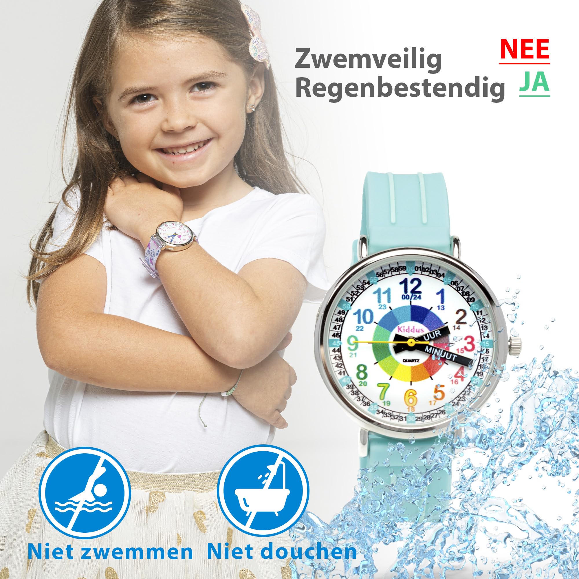 Kiddus Montre Enfant Éducative Analogique, Fille et Garçon Dès 5 Ans | Turquoise, 3ATM uniquement éclaboussures, aiguilles classiques et grands chiffres lisibles