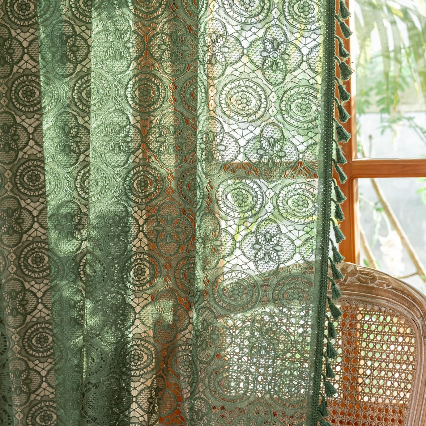 Green Crochet Curtain 72 Inches Long Vintage Boho Sheer Lace Curtains with Tassels Rod Rustic Farmhouse Drapes for Living Bedroom Office Bohemian Neutral Aesthetic Décor 59" W x 72" L, Dark Green — image 1