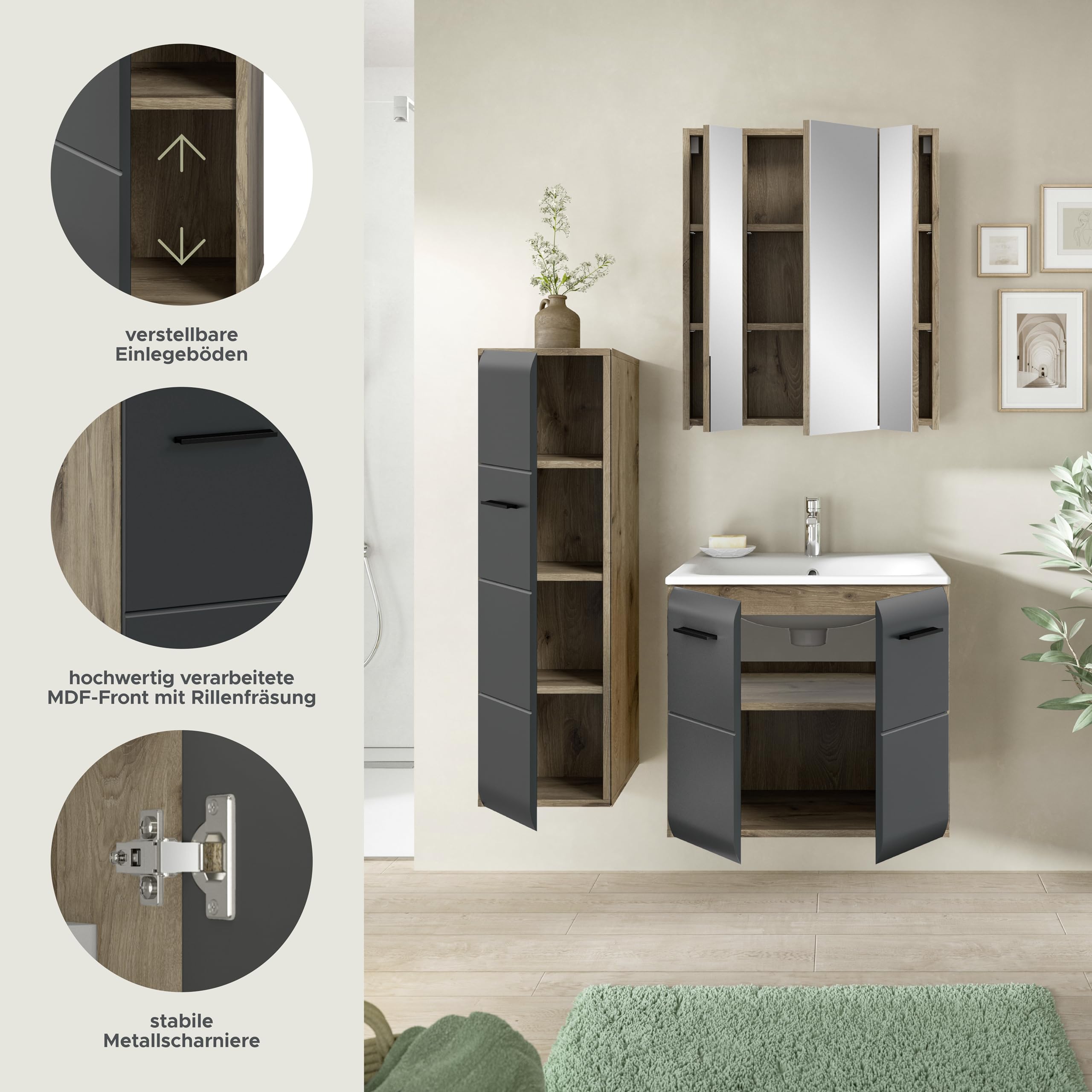 xonox.home – 3 TLG. Badmöbel Kombination Ice 105x185x46 cm in Korpus Nox Oak Nachbildung und Front schwarz matt – Platzsparendes Badezimmermöbel-Set in modernem Hochglanz-Look – Bild 7