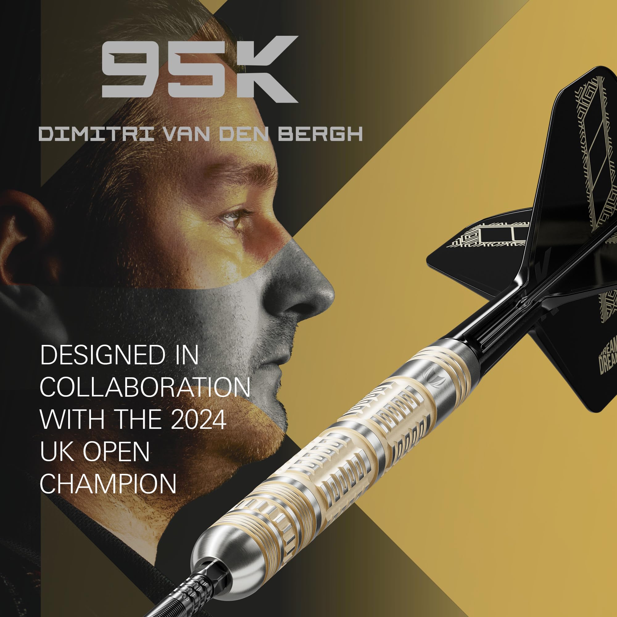 Target Darts Dimitri Van den Bergh Steel Tip 95K Dart Set, 22G/23G/24G | 95% wolframowe rzutki, lotki i trzonki K-Flex nr 2, czarne końcówki Swiss DX i narzędzie SP w zestawie | Player Edition