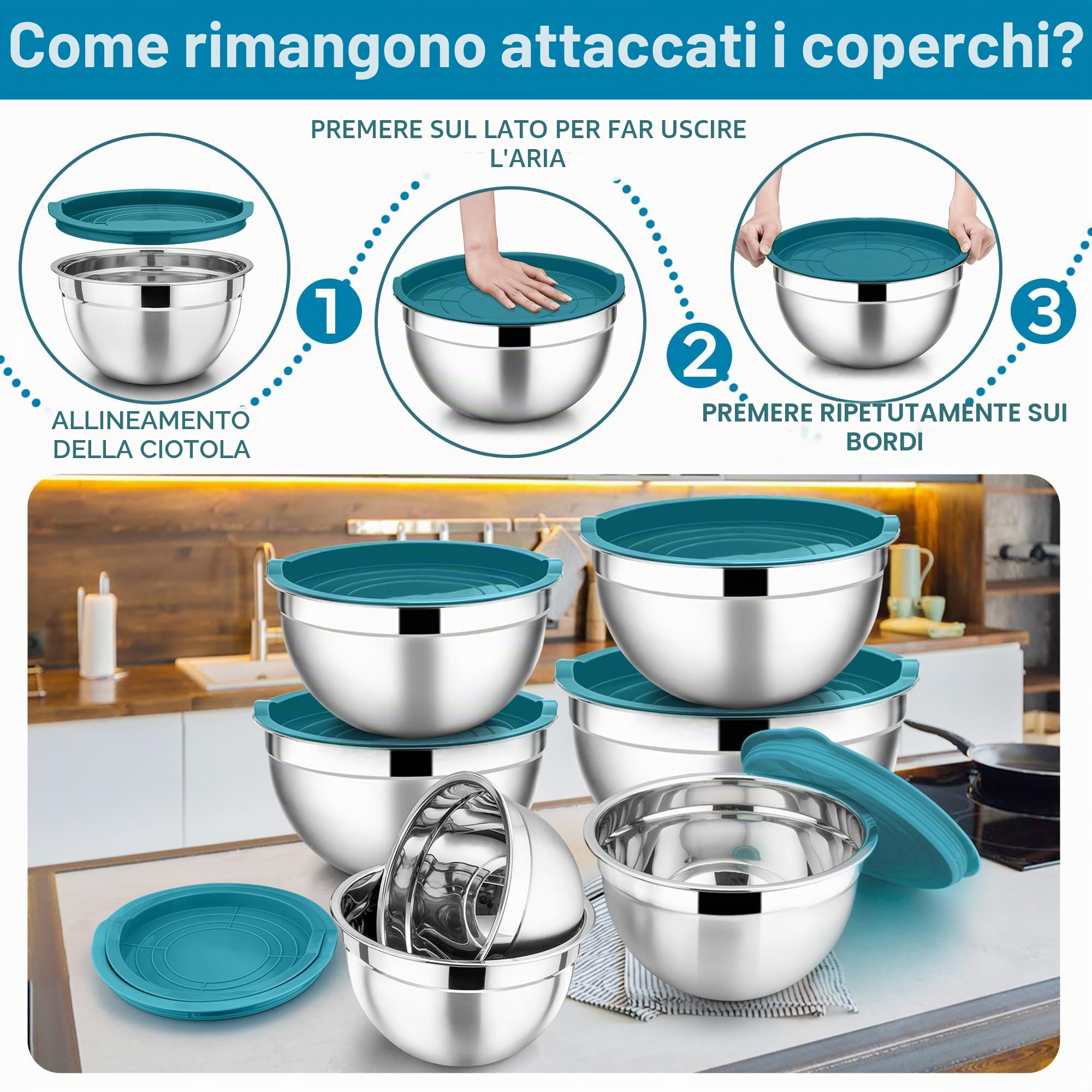 HaWare Set di 7 ciotole in acciaio inox, impilabili con coperchio ermetico per cuocere/cucinare/preparare, lavabili in lavastoviglie, 6,5/4,5/3/2,5/1,5/1,2/0,7 l, blu