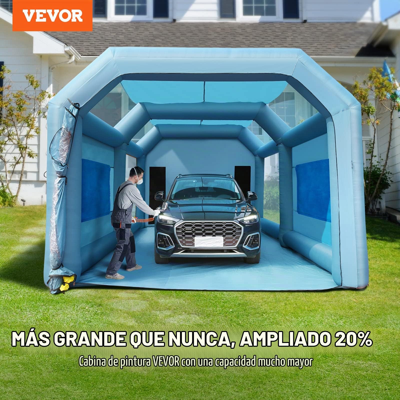 VEVOR Cabina de Pintura Inflable 8 x 4,5 x 3,3 m Carpa Hinchable de Pintura de Coches en Oxford 210D con Sistema de Filtración 2 Sopladores 960W + 750W Estación de Trabajo de Pintura Taller de Garaje