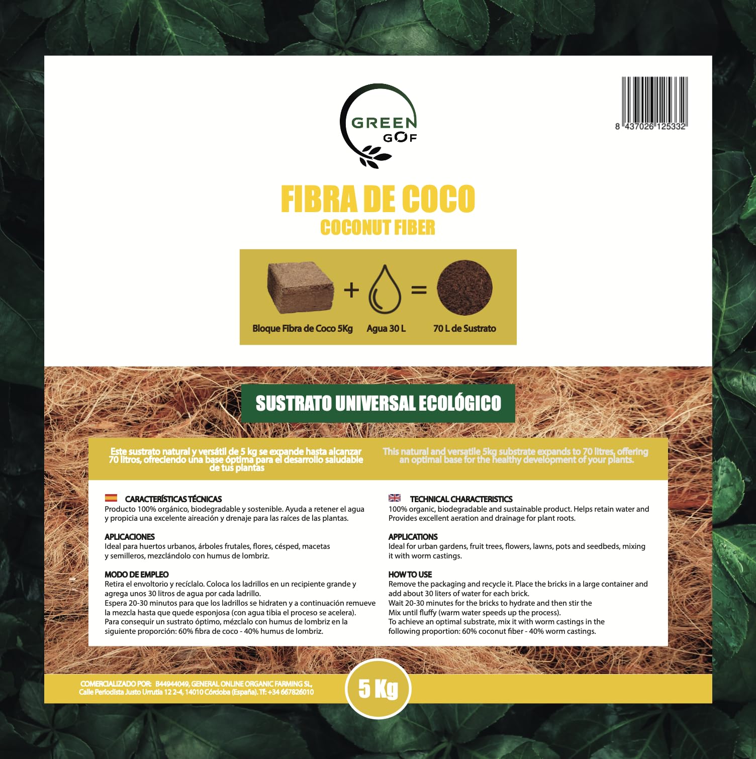 GREENGOF Fibra de Coco Orgánica Bloque 5Kg (70L) - Ladrillo compactado. Sustrato de Origen 100% Natural. Recomendado para Huertos urbanos, Terrarios, Todo Tipo de Plantas y Vermicomposteras.