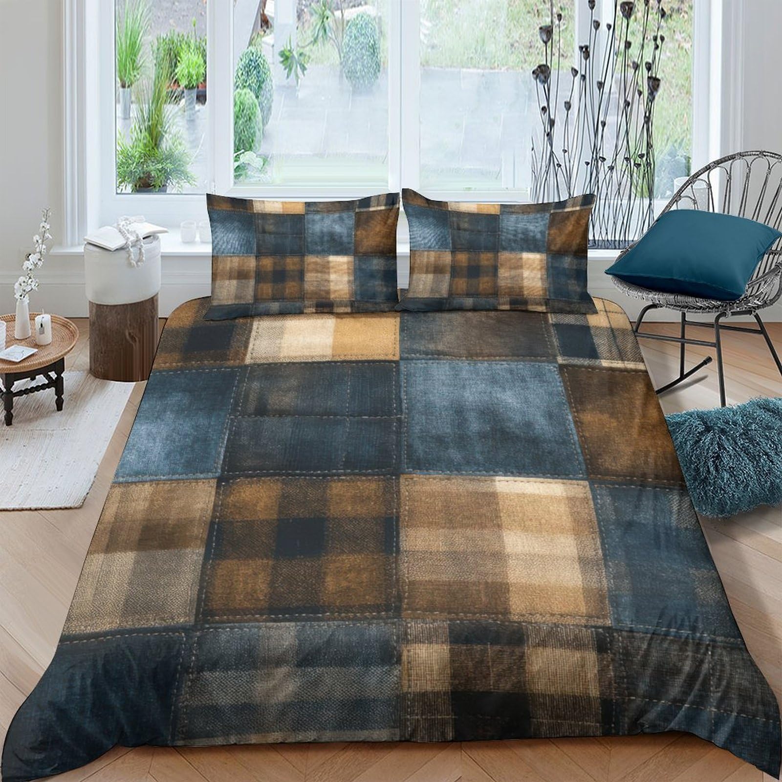 GPLZQXKJNH 3D Printed Vintage Plaid Duvet Cover Microfiber Soft Breathable Checkered Bedding Set with 2 Pillowcases for Bedroom Decor Single（135x200cm）