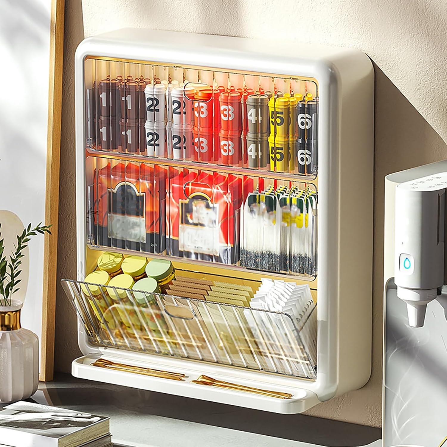 Wall Mounted Tea Box, 3 Tier Multifunctional Transparent Tea Bag Organizer for Coffee Capsules and Office Supplies, Space Saving Wall Mount Storage Rack with Seamless