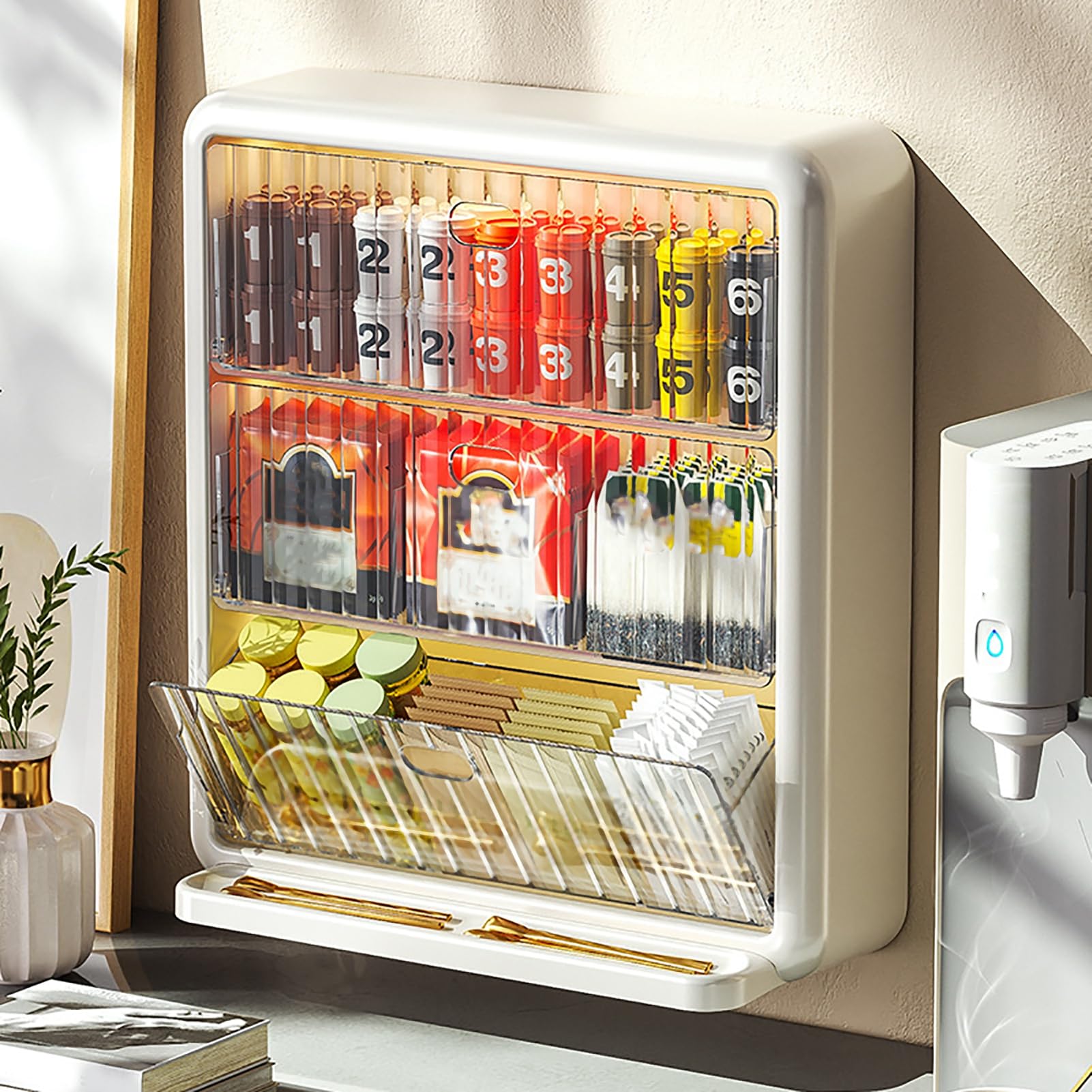 Boîte En Bois à 9 Cases Pour Sachets De Thé, Café, Sucre - Style Rustique, Couvercle Transparent, Organisateur De Cuisine