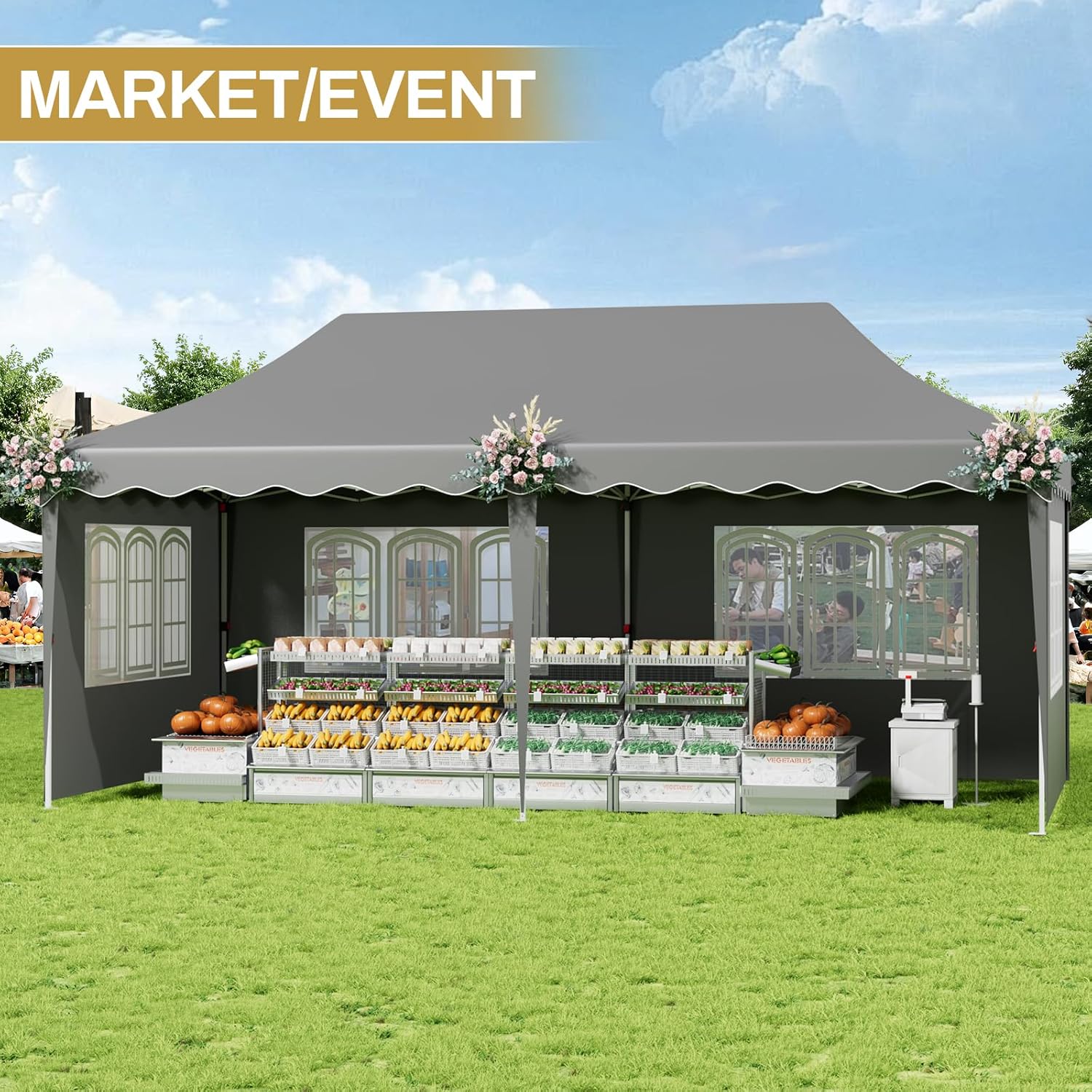 TLSUNNY 10×20 Heavy Duty Party Tent, Outdoor Wedding Canpoy Tent W/Carry Bag, 4 Sidewalls & 2 Zipper Door, 6 Sandbags, Gazebo Shelter W/Stakes & Ropes, for Patio, Event, BBQ, Garden, Camping (Grey)