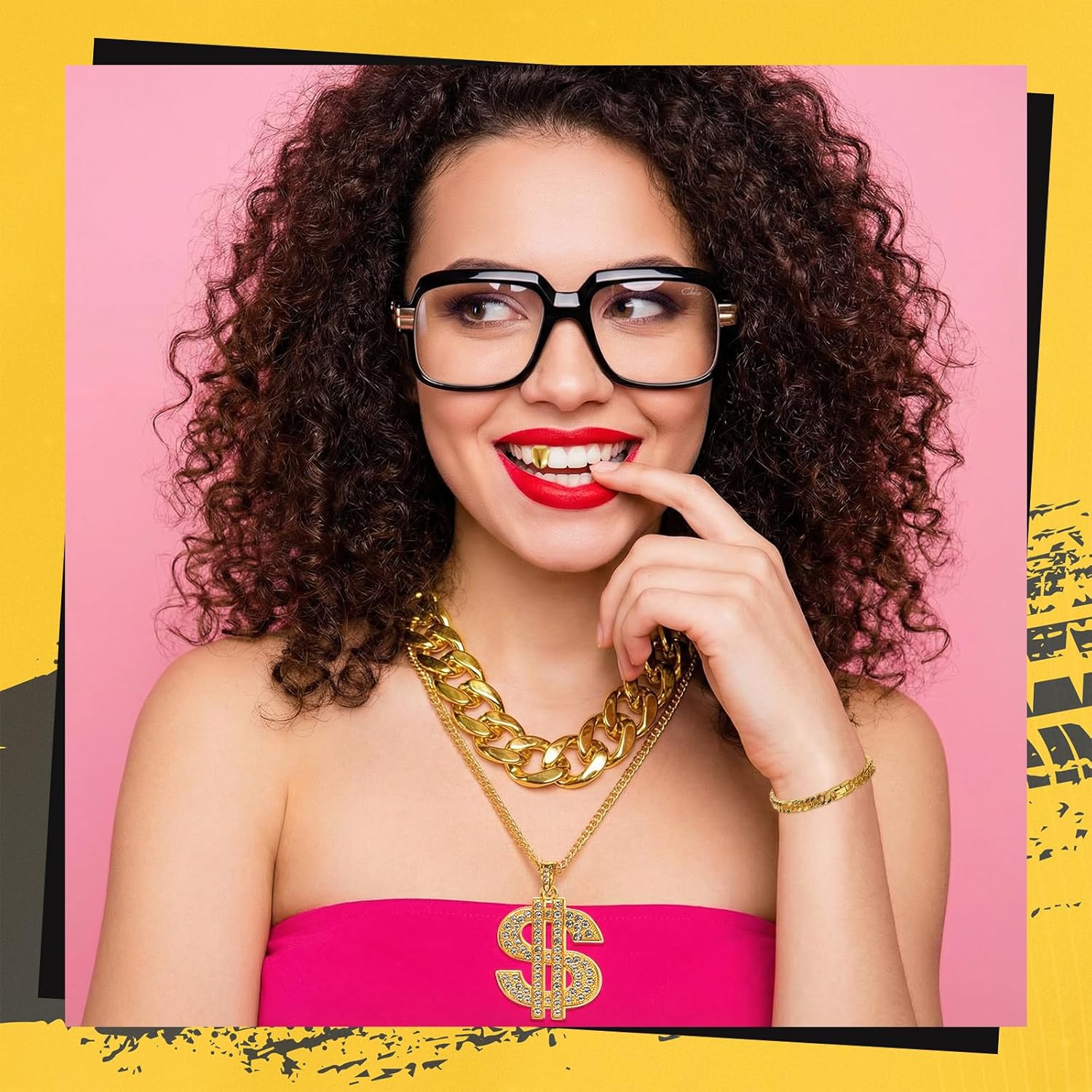 Gejoy 6 Pcs Hip Hop Costume Kit 80s 90s Rapper Accessories Sunglasses Faux Gold Rope Chain Bracelet Dollar Sign Necklace Fake Teeth for Men Women Cosplay - Image 6