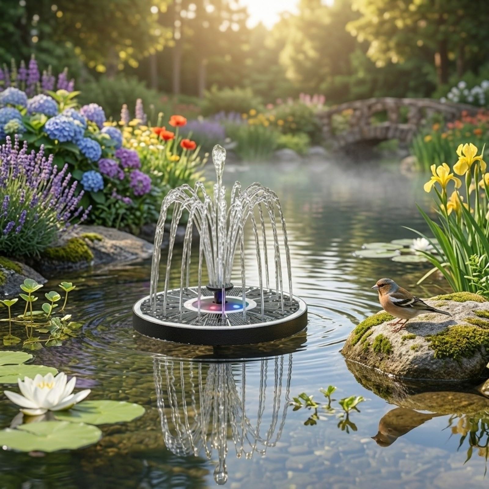 Fontana galleggiante solare per esterni con 8 luci LED RGB, 3 ugelli e flusso d'acqua personalizzabile per giardino o patio (ugello trasparente)
