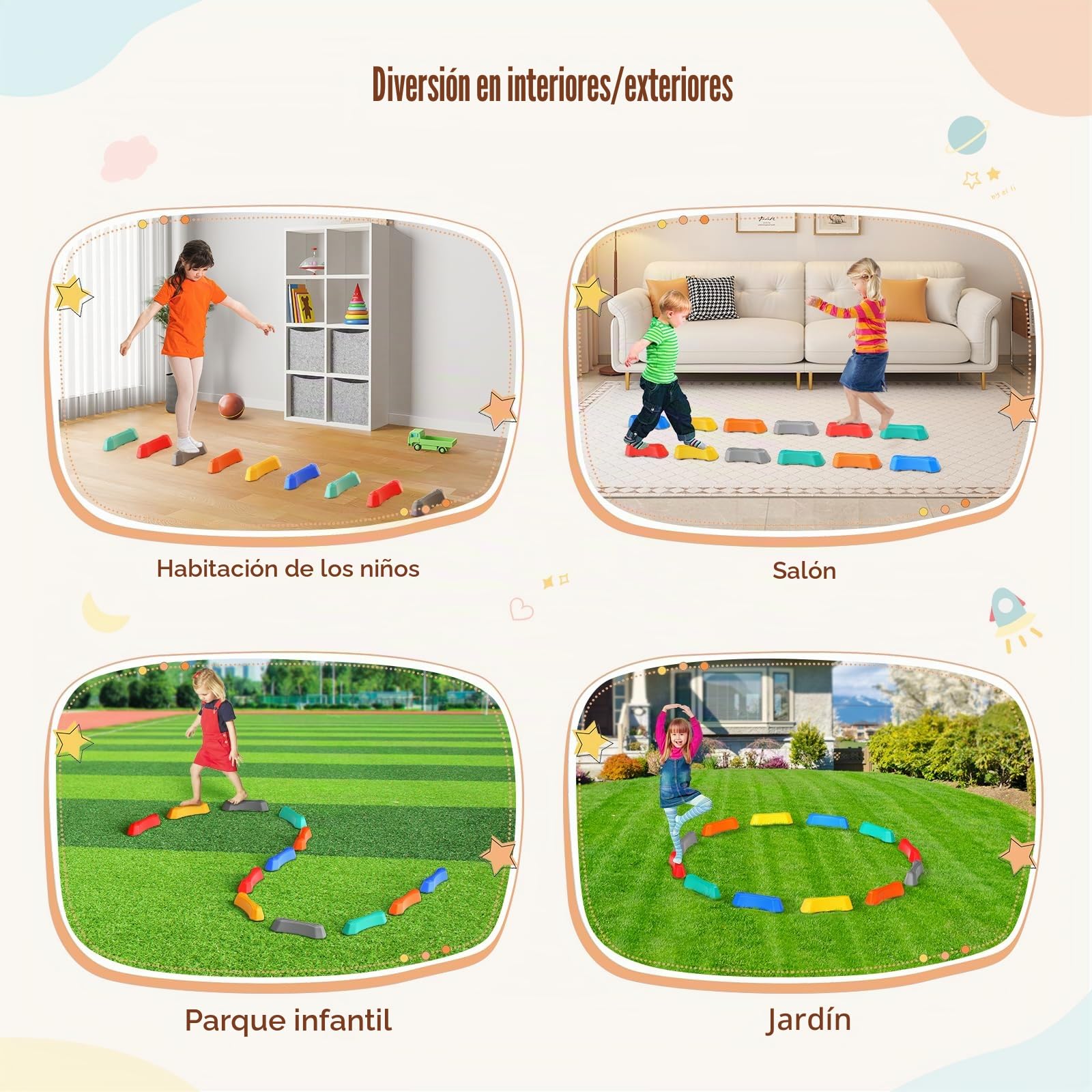 Trampolines para Niños,12 Piezas Antideslizantes Barra de Equilibrio para Niños, Equipo de Fitness para Niño Promueve el Equilibrio Habilidades de Coordinación Carreras de Obstáculos