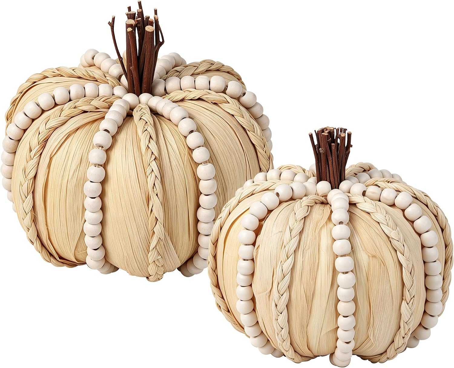 Lulu Home 2 Pcs Handwoven Pumpkins Fall Decor | 6.9"/5.9" Large Pumpkin Ornaments for Tabletop Mantel Shelf, Thanksgiving Autumn Home Accent, Cream Color with Wood Beads