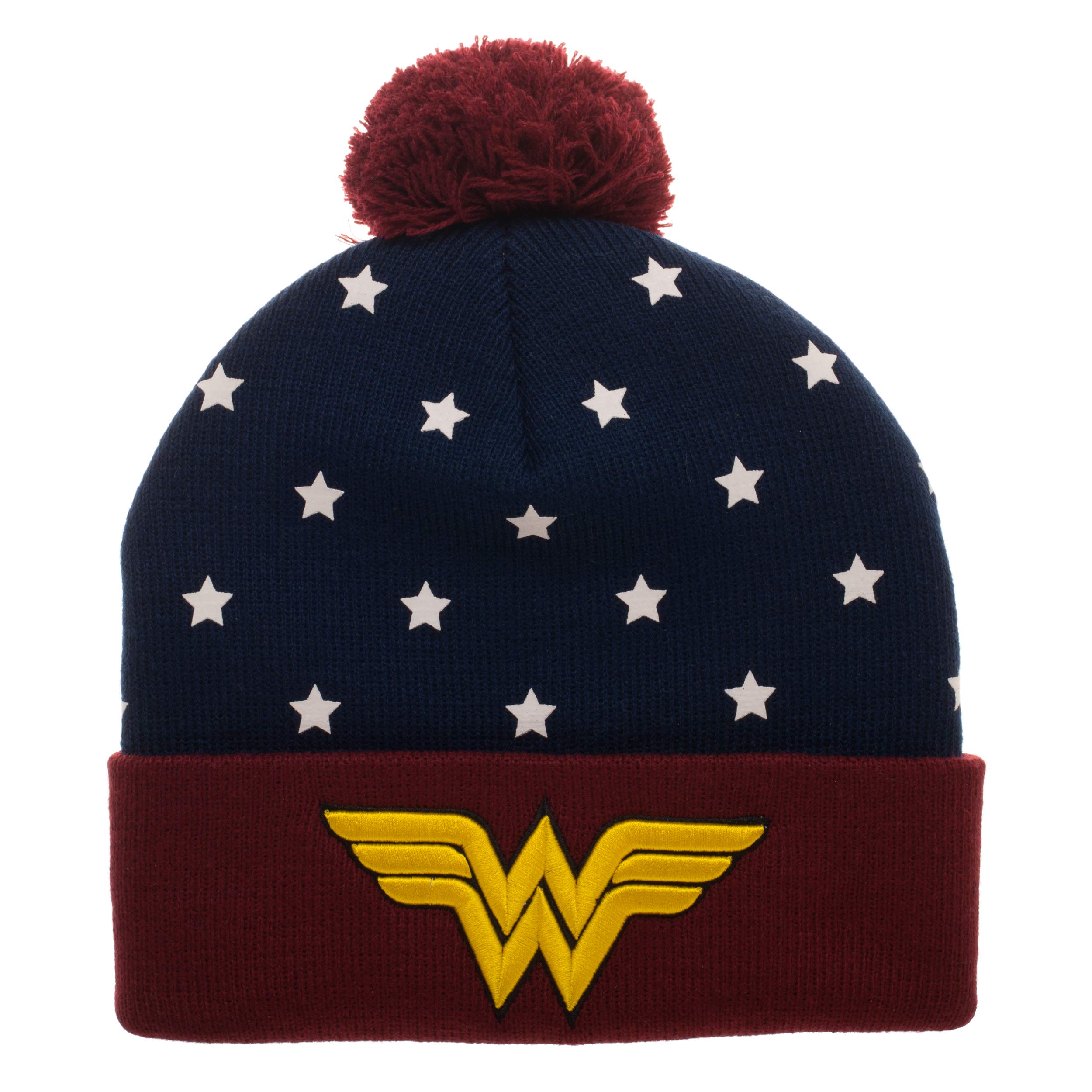 Juniors DC Wonder Woman Navy, Red & Gold Cuff Pom Beanie Standard