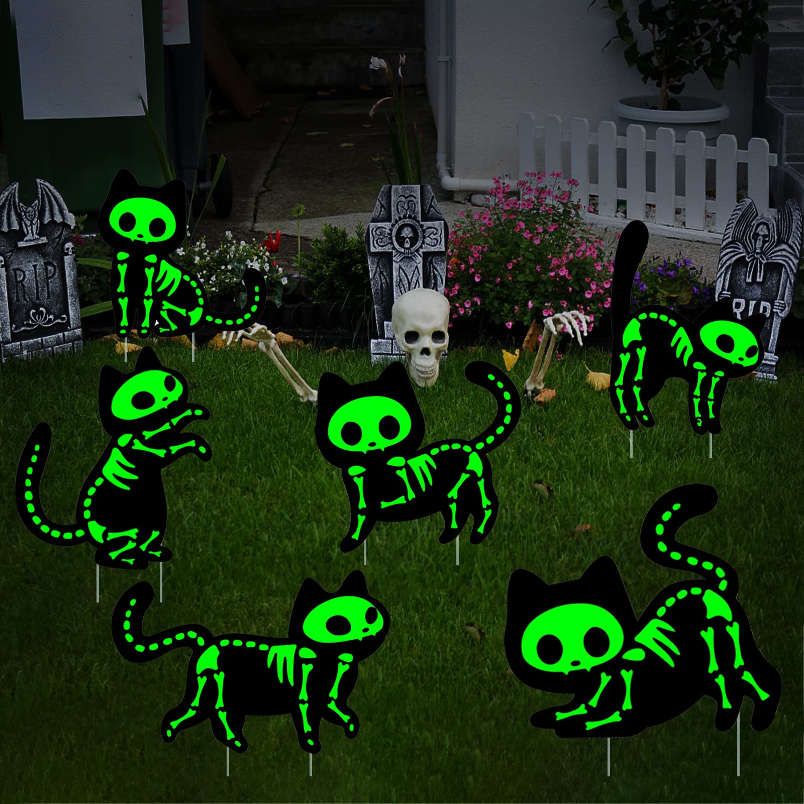 Halloween Decorations Outdoor Yard Sign,6 pack Black Cat Glow in the