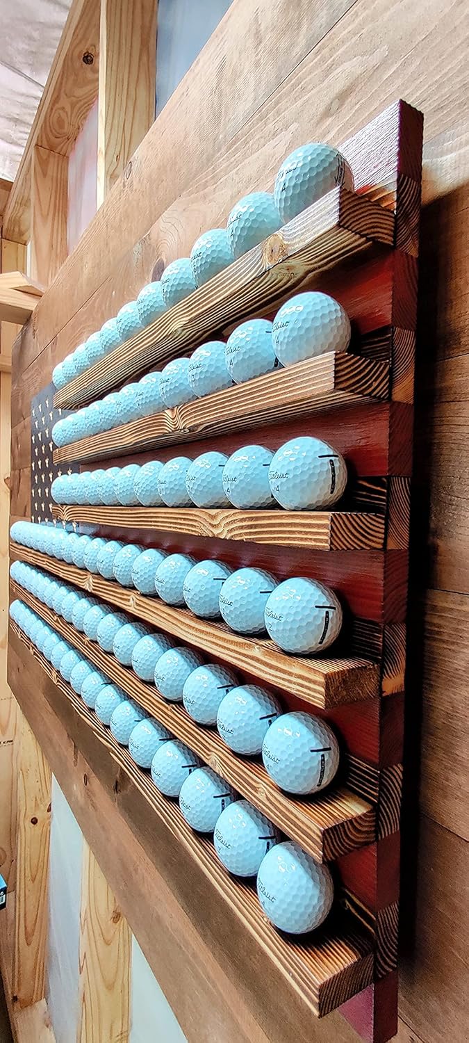 Classic Wooden American Flag Golf Ball Display, Holds 87 Balls, Gift for All Golfers, Custom Handmade Quality, Made in Texas