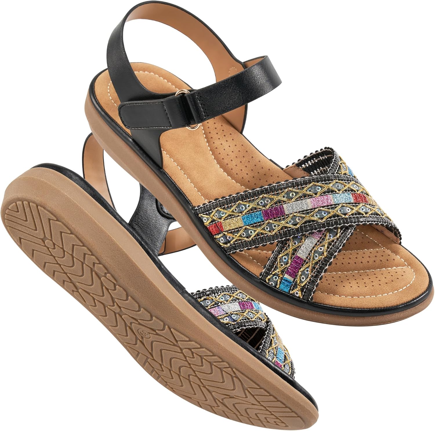 Almusen Flat Sandals for Women Dressy: Comfortable Summer Beach Shoes Casual Ankle Strap Bohemian Woven Walking Sandal