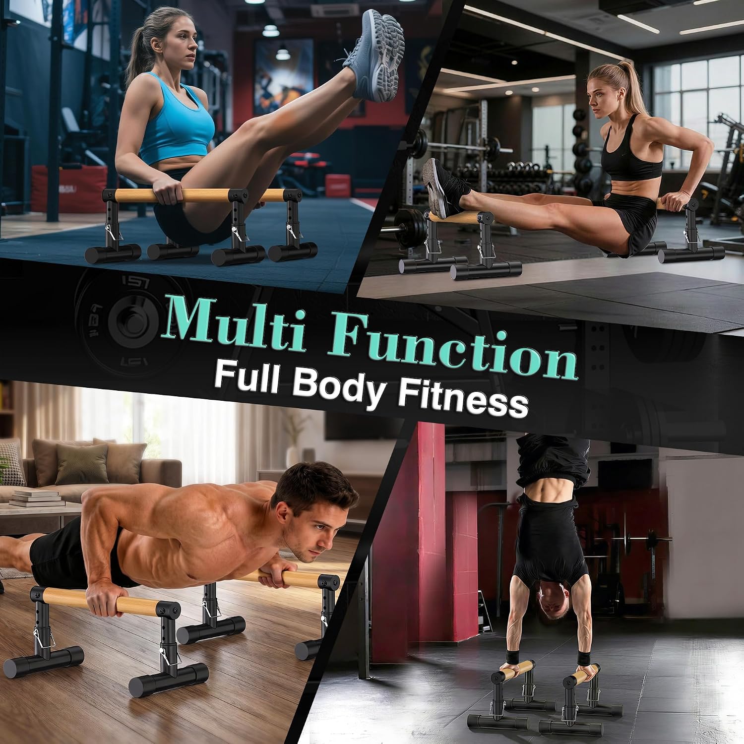 GanFindX Wooden Parallel Bars, Adjustable 6-14In,550-600lb Capacity | Natural beech wood push-up bars with a non-slip steel base for handstands, L-sits, gymnastics and home strength training.