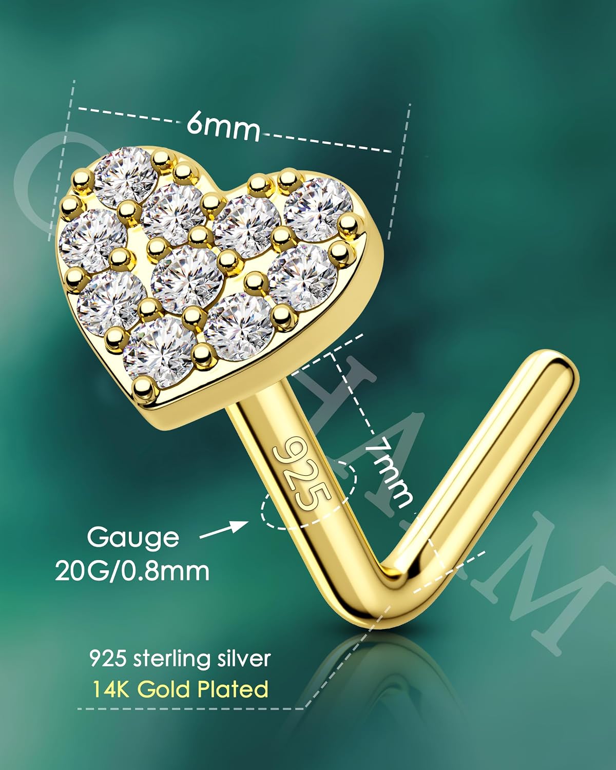 COCHARM 14K Gold Plated 925 Sterling Silver Nose Stud 20g Gold Nose Ring Stud L Shaped 7mm Nostril Stud Sterling Silver Heart Flat Top Nostril Piercing Jewelry for Women