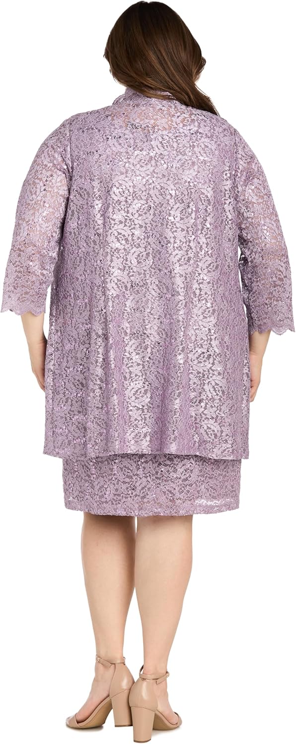 Elegant 2-Piece Lace Jacket Dress W/Scalloped Trim & Beaded V-Neckline - Formal Knee-Length Ensemble