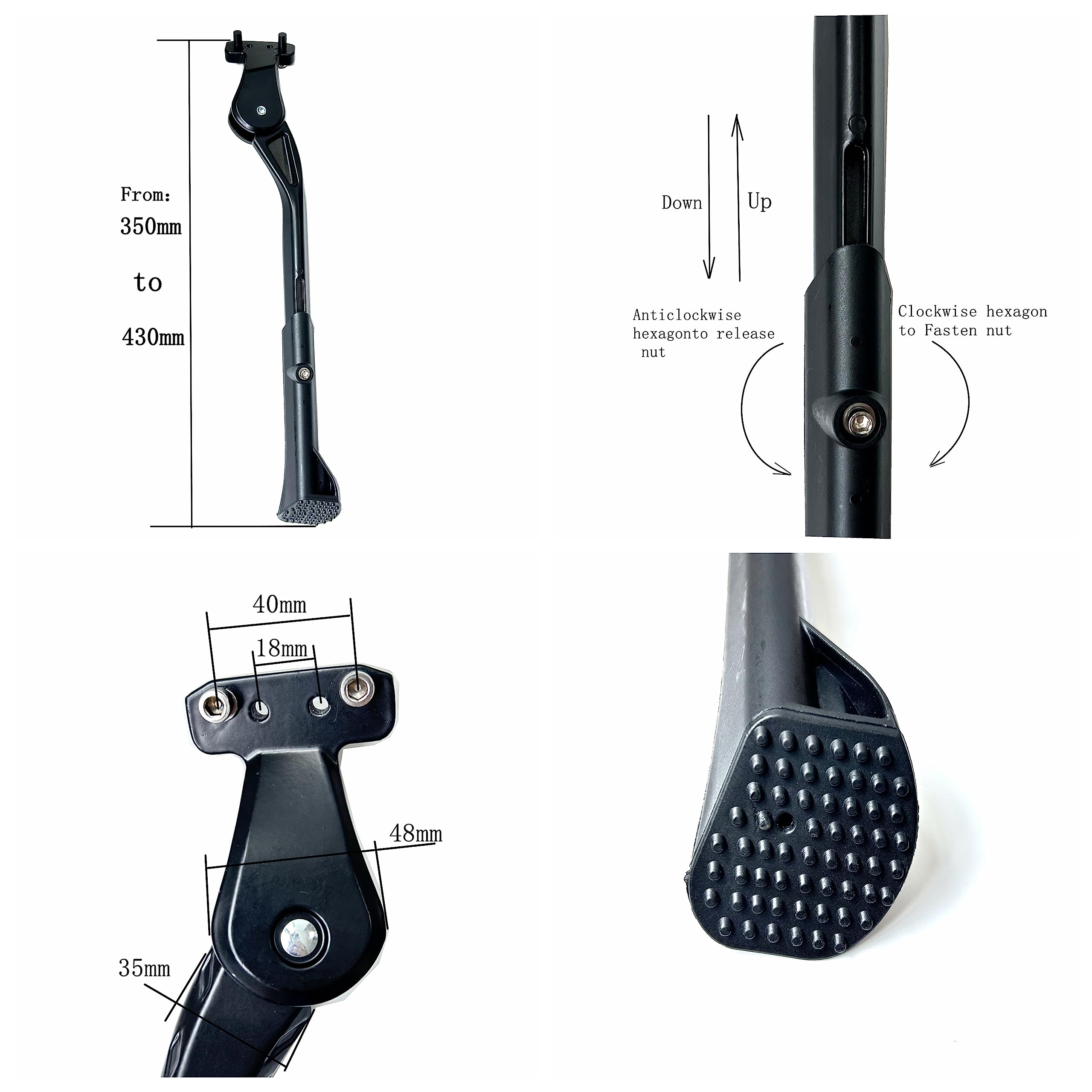 Béquille Aluminium Réglable 32-43cm, Base Large, Pour VTT Et Vélos électriques, Cadres Double Trou