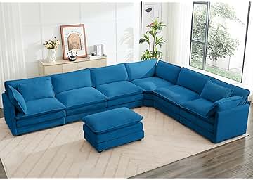 ROWHY 150'' Cloud Modular Sectional Sofa, 7 Seater Sectional Sofa Corduroy Oversized L Shaped Couch with 4 Pillows, Movable Ottoman, Deep Seat Sectional Couches for Living Room Office Bedroom, Blue