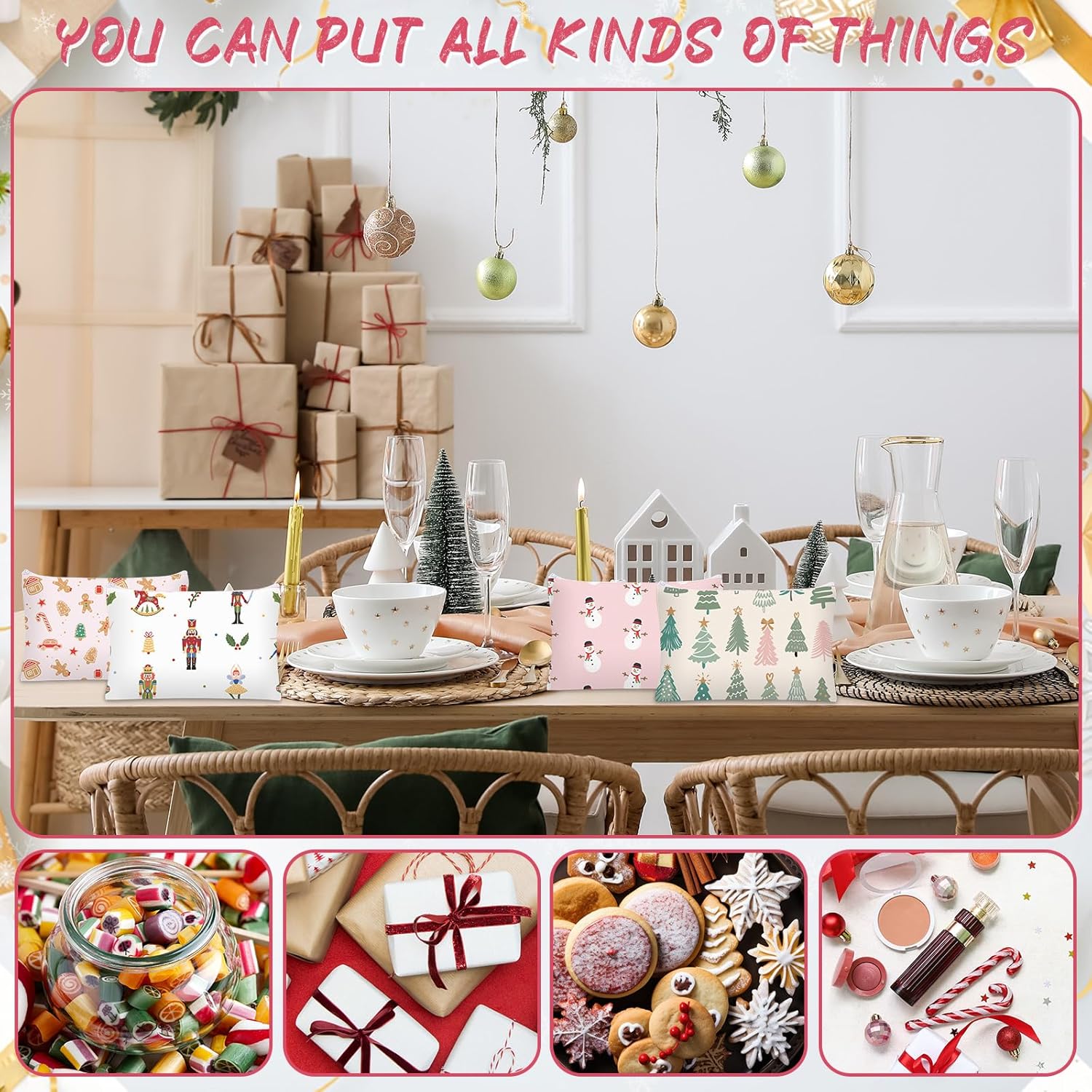 12 Pcs Christmas Makeup Bags Pink Christmas Canvas Cosmetic Bags Bulk 9 x 6 Inches Cute Pencil Pouch with Zipper Travel Toiletry Pouch for Women Winter Holiday Xmas Party Favor Gift