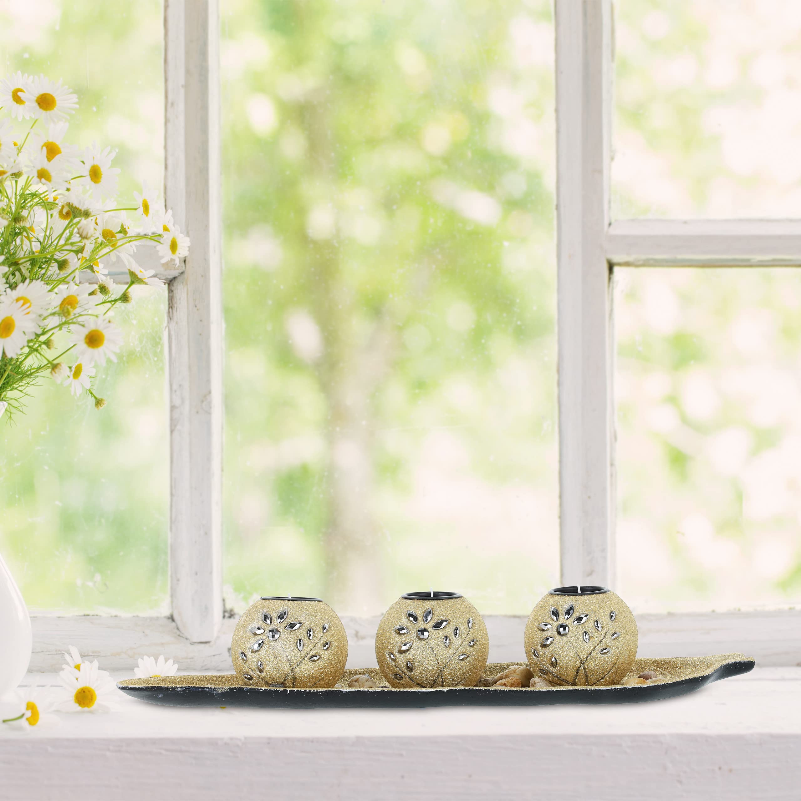 Portacandele Decorativo Con Vassoio E Pietre - 50 Cm, Stile Shabby Chic, Grigio E Bianco - Foto 6