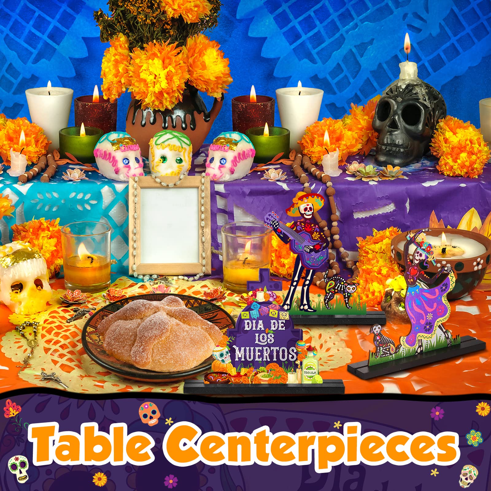 Yerliker 3 Pcs Day Of The Dead Table Decorations Mexican Dia De Los Muertos Altar Centerpiece Halloween Sugar Skull Table Topper Wooden Day Of The Dead Centerpiece For Halloween Me I.1681417564