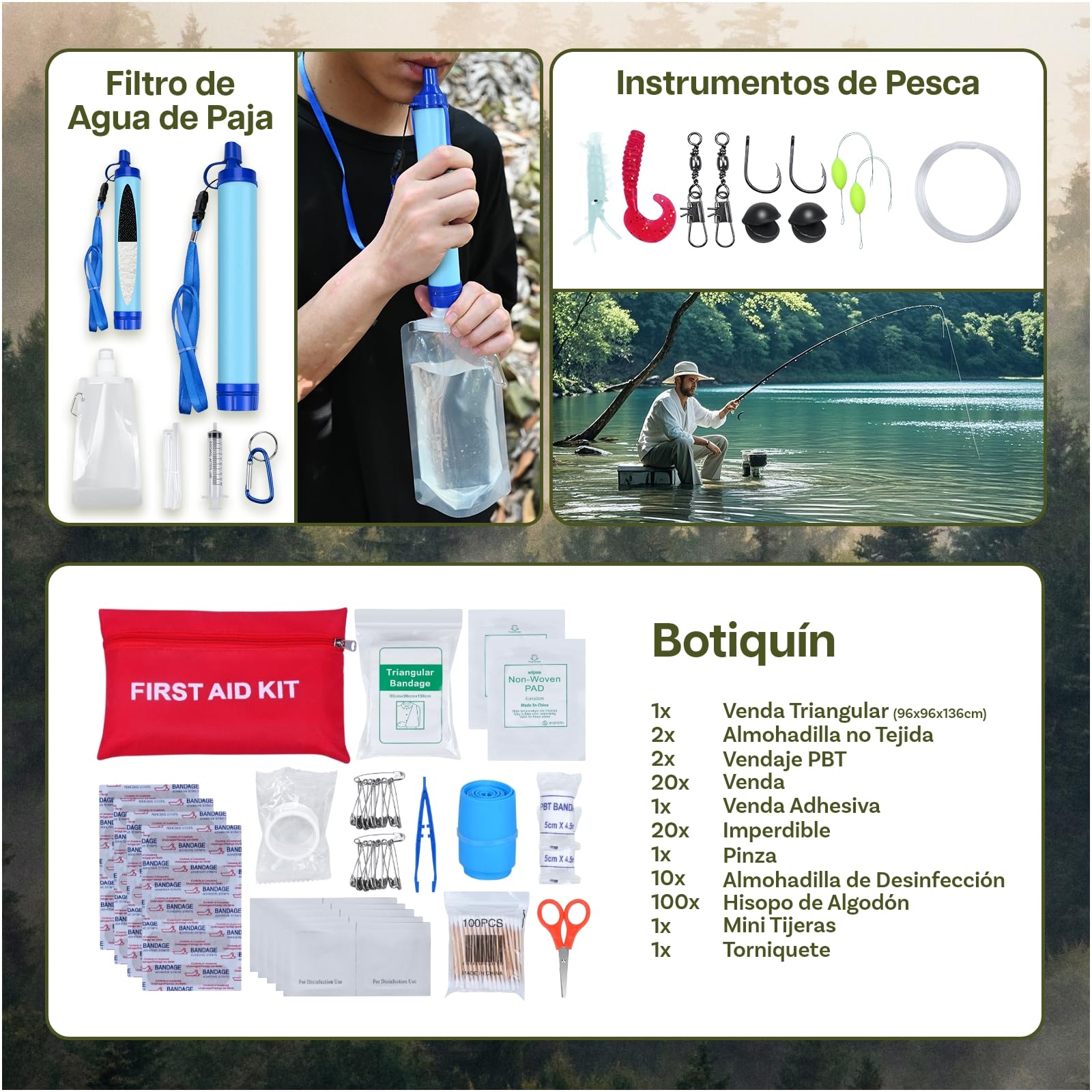 Kit de Supervivencia - Equipo de Emergencia con Botiquín de Primeros Auxilios por MMOBIEL – Bolsa de Supervivencia con Filtro Agua, Brújula etc. para Camping, Senderismo, Aventura – Regalo para Hombre