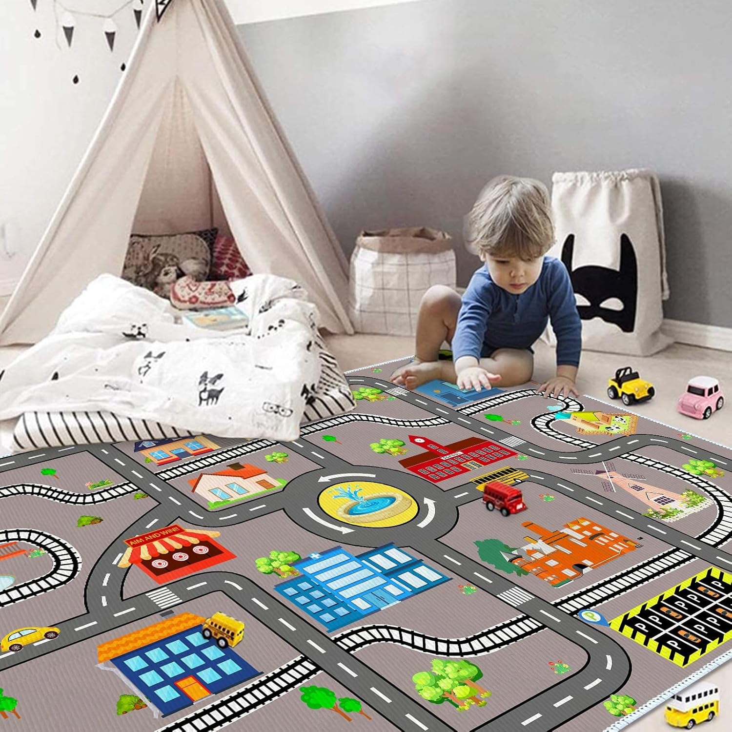 Kids Car Rug, 2' 7" x 4' City Life Traffic Road Playmat for Toy Cars Trains, Non-Slip Race Track Carpet Educational Fun Area Rugs for Boy and Girl Bedroom Nursery Grey