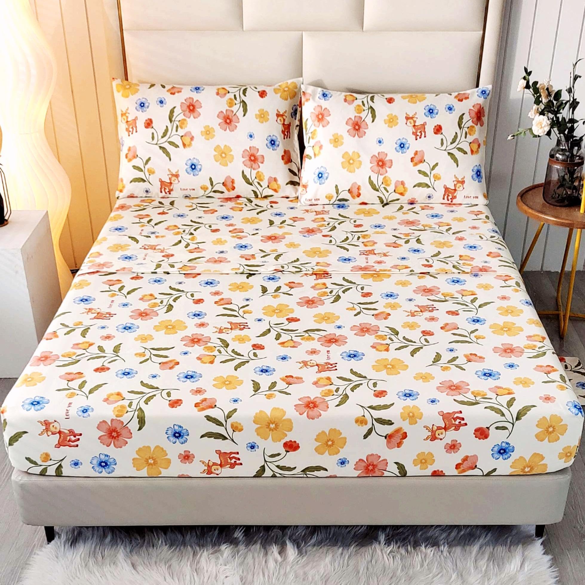 SDIII 4PCS Deer and Floral Sheets Queen Set Soft Microfiber Cute Queen Sheets Floral Vintage Botanical Bed Sheet