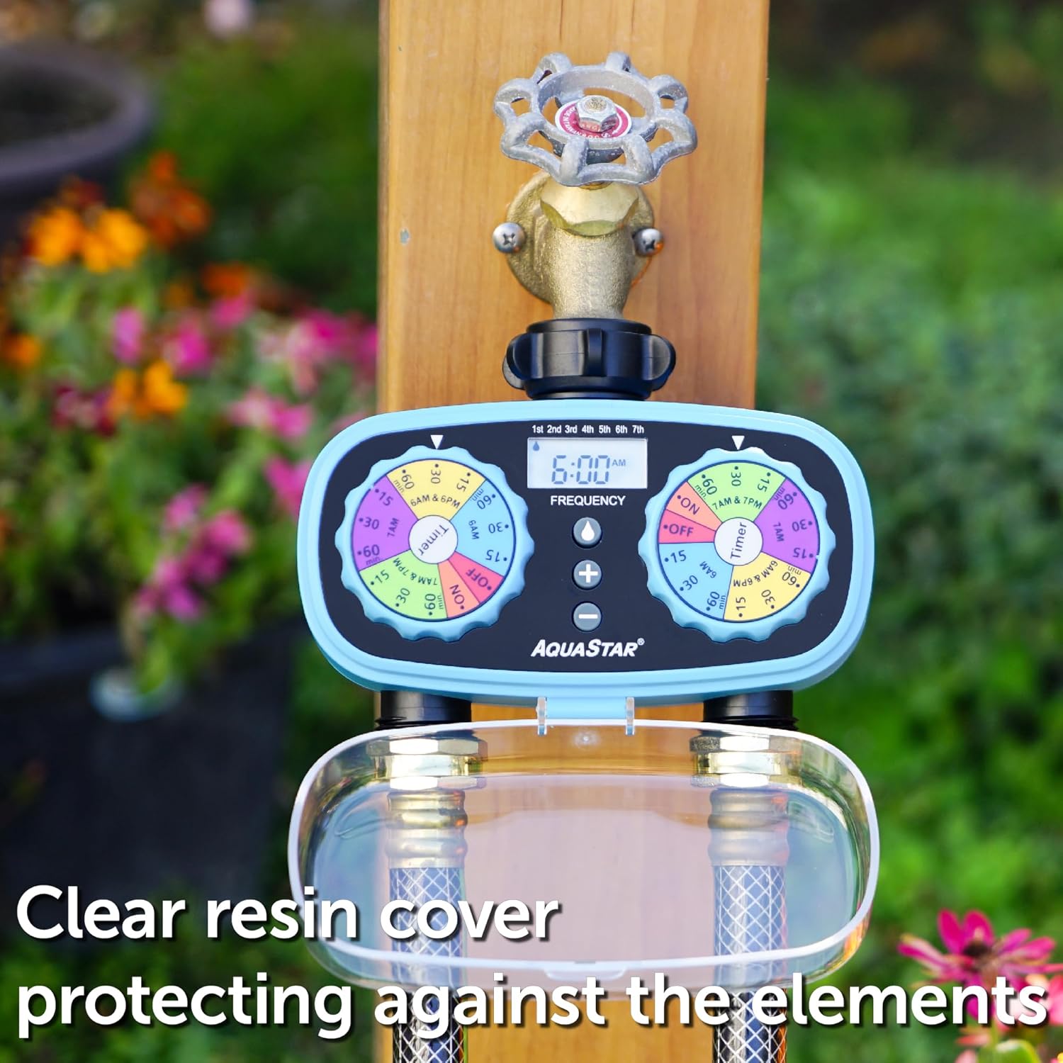 AQUASTAR Two-Zone Hose Watering Timer (Blue), Automatic Irrigation for Lawn, Garden, Yard, Two Outlets