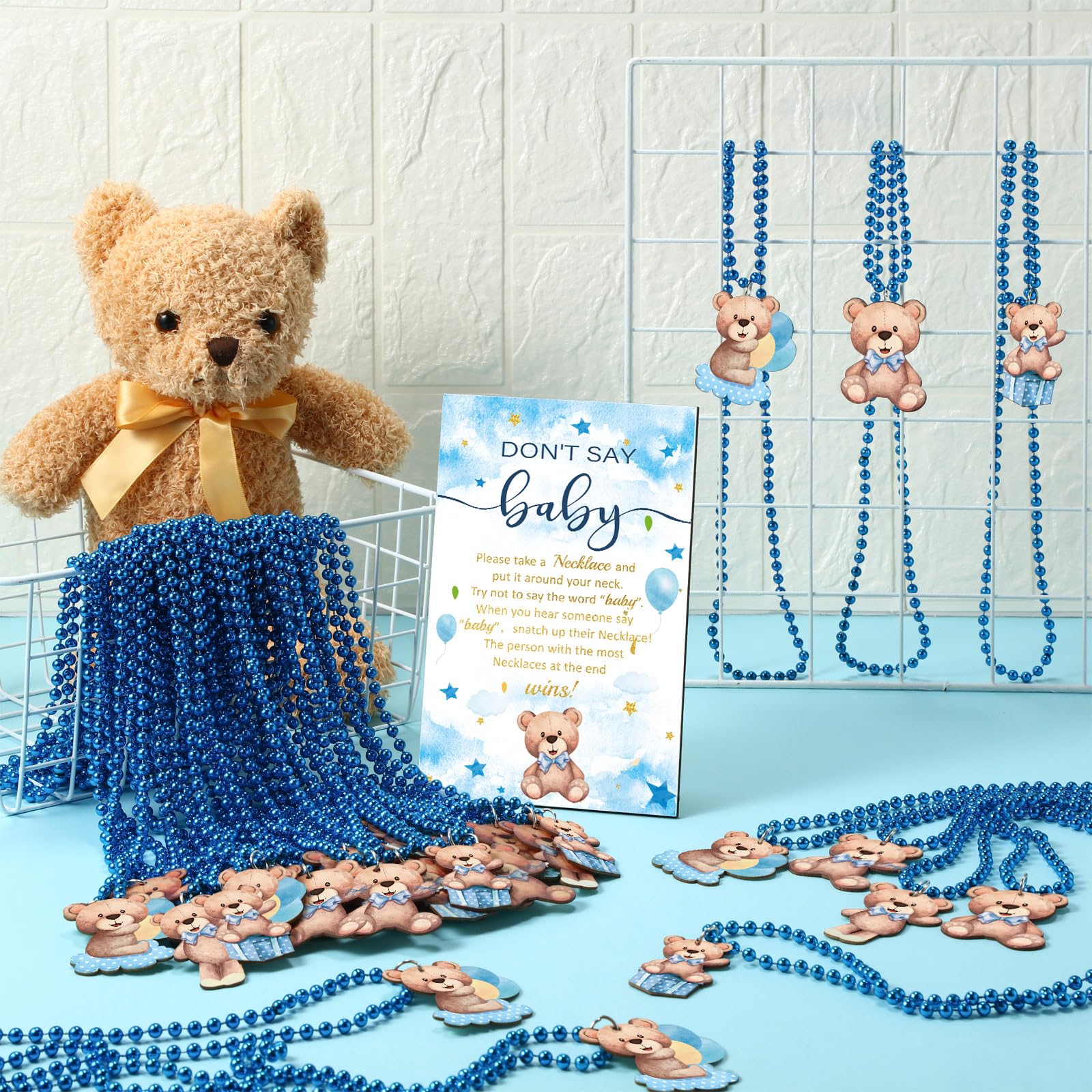 51-teiliges "Don't Say Baby Shower"-Spielzubehör, cooles Babyparty-Spiel, inklusive Babyparty-Schild und 50 Baby-Halsketten, Holzketten, Babyparty für Jungen und Mädchen, Party-Dekoration (blauer Bär)