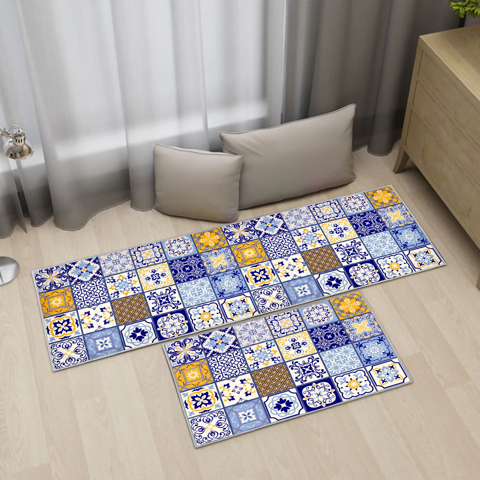 Tapis De Cuisine Antidérapants JEFFEL - Lot De 2 - 43x75cm + 43x150cm - Lavables Et Confortables - Pour Cuisine, Buanderie