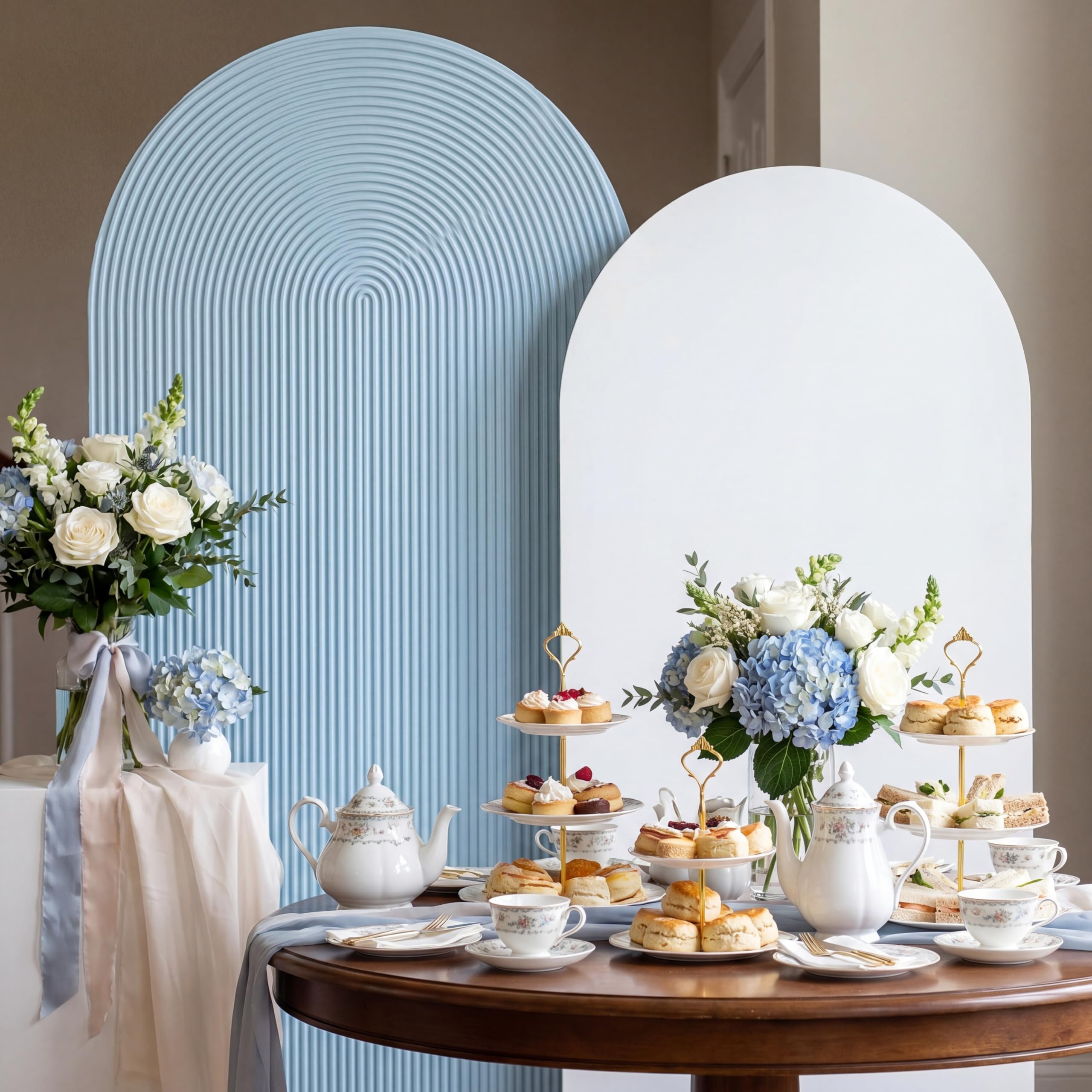 2 Set Wedding Arch Cover Blue White Ripple &amp; Solid Stretchy Backdrop Cover