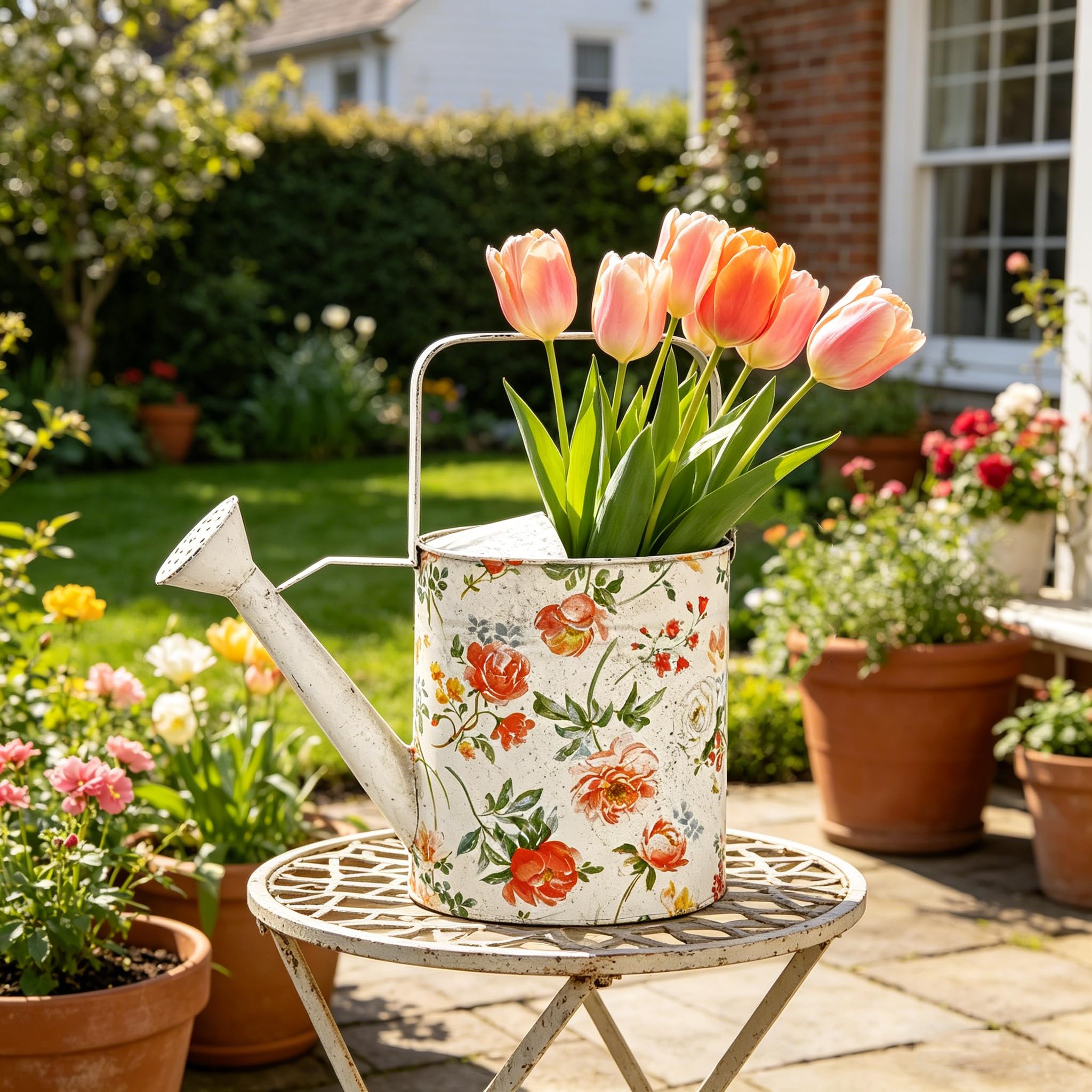 Photo 1 of Vintage Floral Metal Watering Can, Decorative Watering Pot for Indoor Outdoor Plants, Shabby Chic Garden Watering Tool with Long Spout, Rustic Home Patio Decor