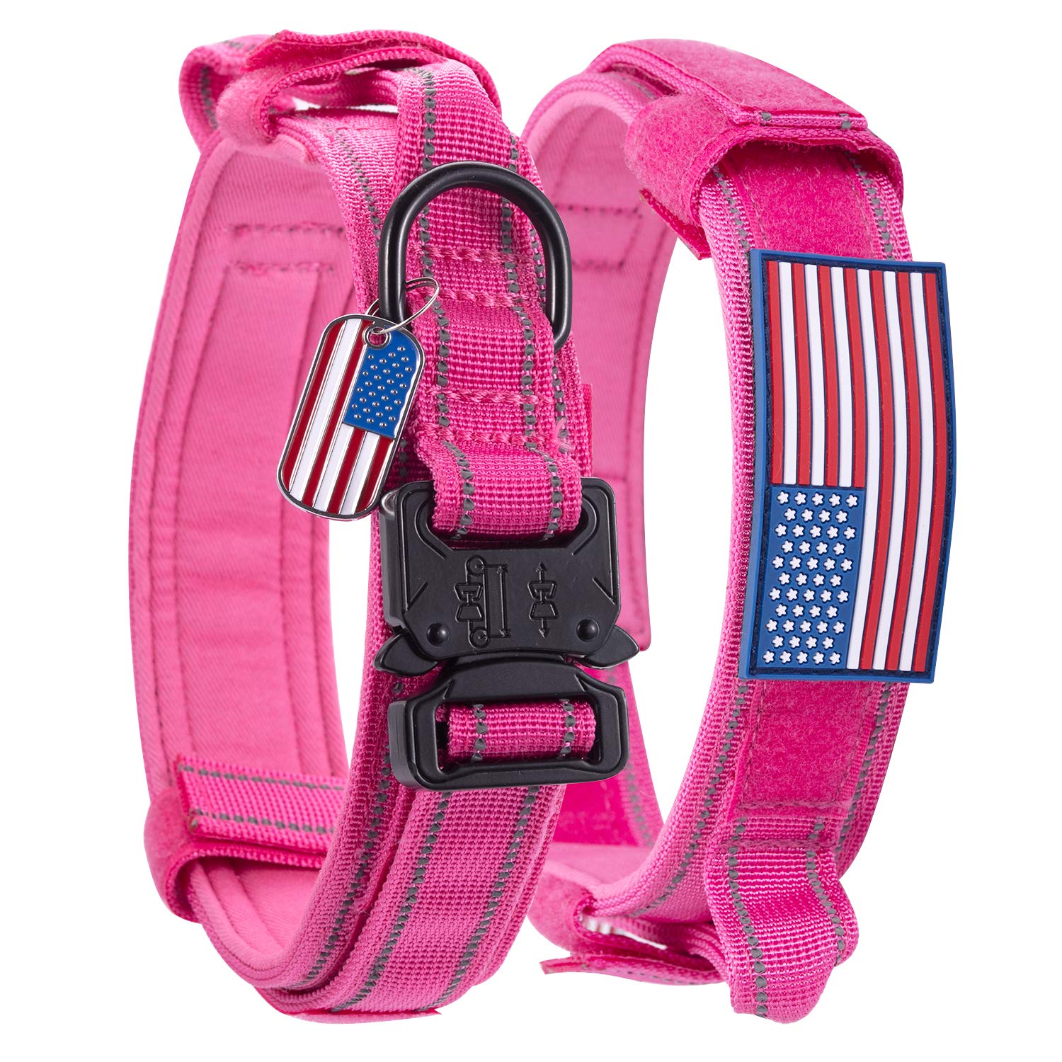 Dog Collar Tactical Highly Reflective Military Pet Collar Nylon with a American Flag Patch and a American Flag Pendant K9 Collar with Metal Buckle and