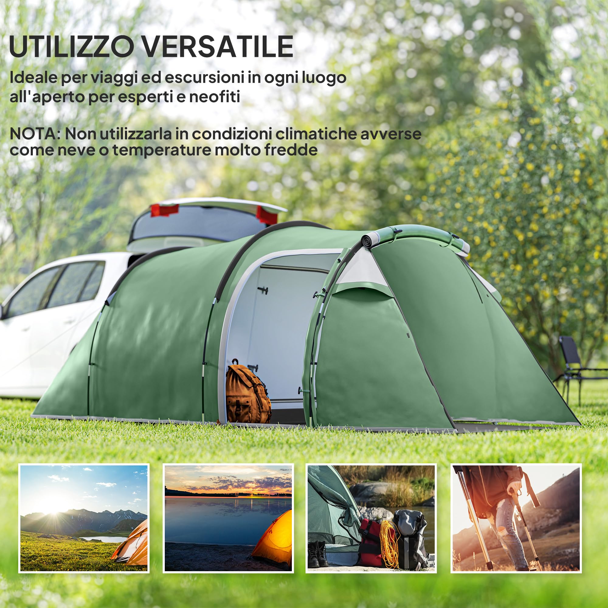 Outsunny Tenda Campeggio a Tunnel per 2-3 Persone, Tenda Campeggio Familiare 3 Posti con Zona Soggiorno e Camera da Letto, Porte, Finestre Laterali e Borsa di Trasporto, 426x206x154 cm