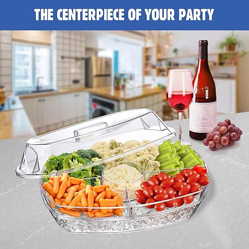 Miniatura 4 de LIMOEASY Bandeja de verduras refrigerada plato transparente de fiesta de 15 pulgadas con 4 compartimentos cuenco para servir hielo con tapa servidor