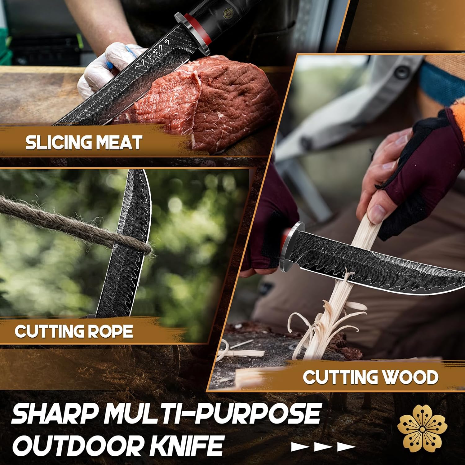 PURPLEBIRD Japanese Fixed Blade Knife - Sharp Samurai Tanto Knife with Wooden Sheath & Handle, Small Hunting Knives for Outdoor Survival, Bushcraft, Hiking and Camping, Christmas Gifts for Men