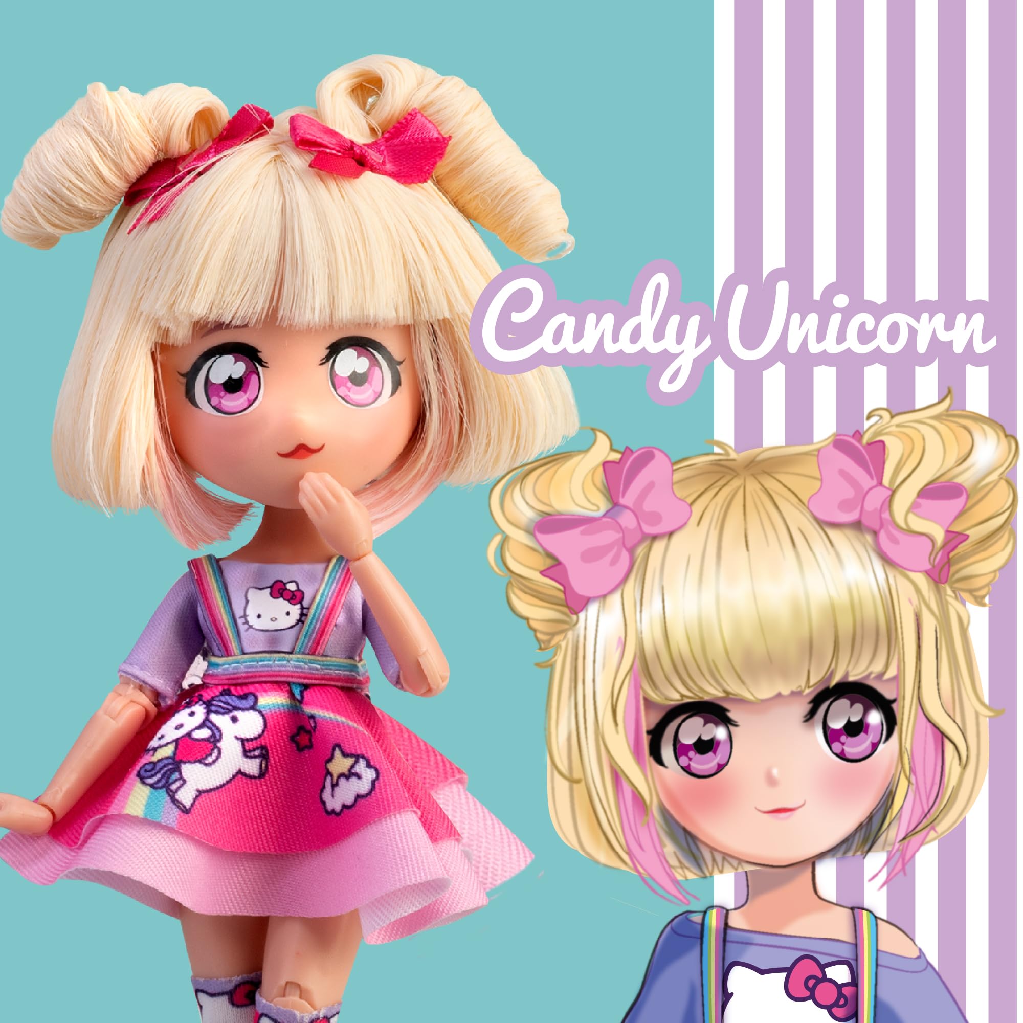 4SF - Hello Kitty Manga Doll Candy Unicorn, Muñeca Fashion Japonesa con Looks a la Moda Manga, Figura de 19,5 cm con 15 Puntos de Articulación, Pelo Rubio, Accesorios Incluidos, Famosa (HKTF0400)