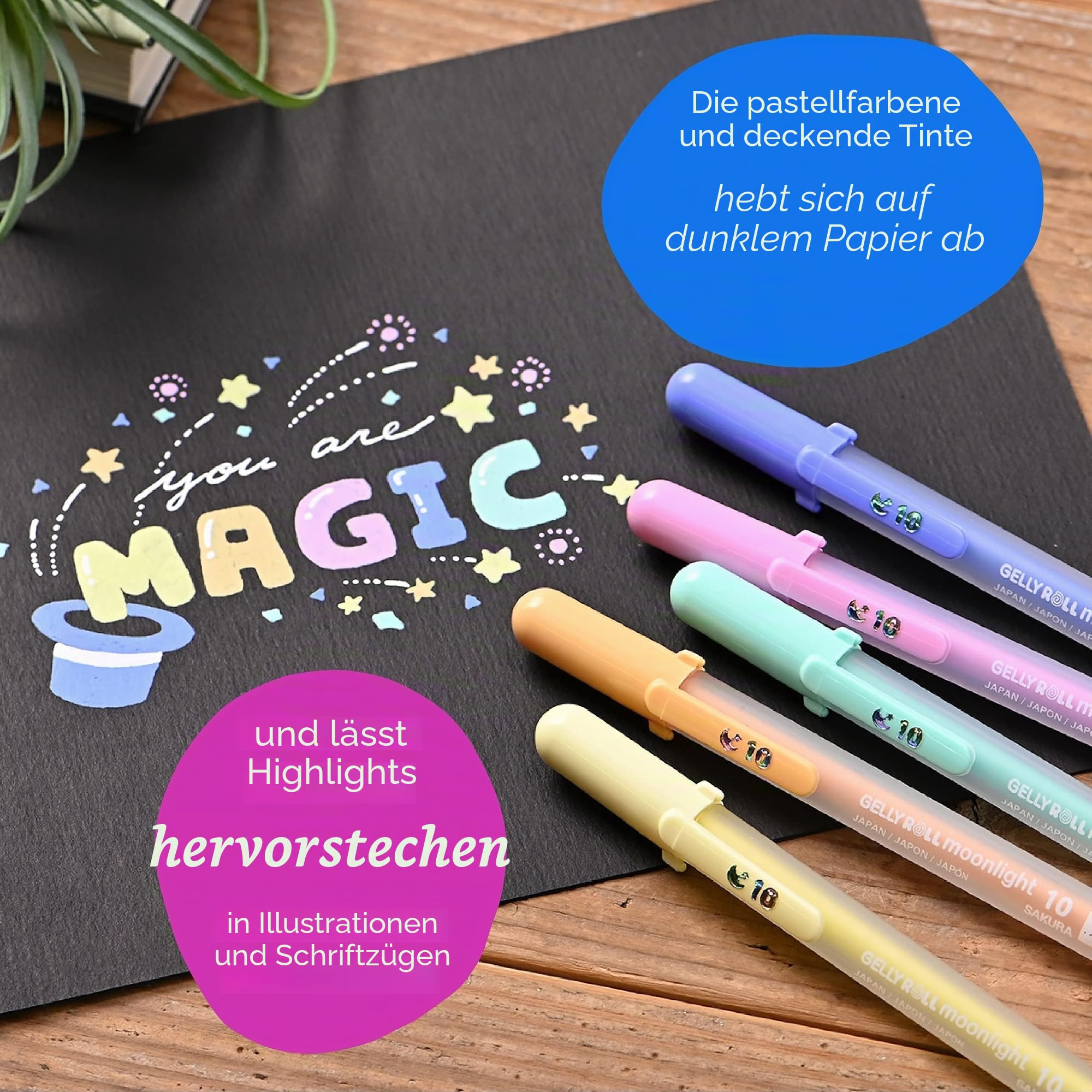 SAKURA Gelly Roll Moonlight Gelschreiber, Pastellfarben und deckend, Fettspitze, für Tagebuch, Kunst oder Zeichnen, verschiedene Pastelltinte, kräftige Linien, 10 Stück