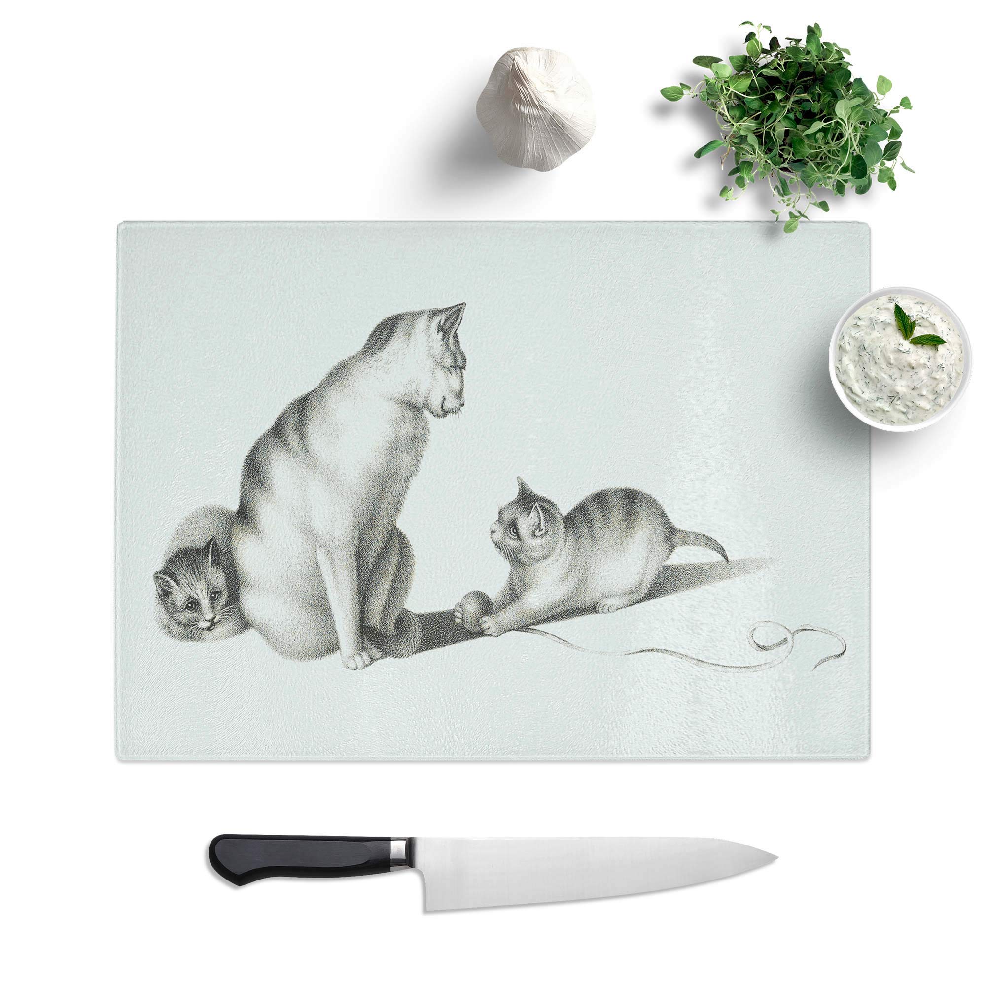 Glass Chopping Board - Cat Playing with Kittens by Gottfried Mind - Textured Worktop Saver Cutting Board - Heat Resistant, Shatterproof and Hygenic - 39 x 28.5 cm
