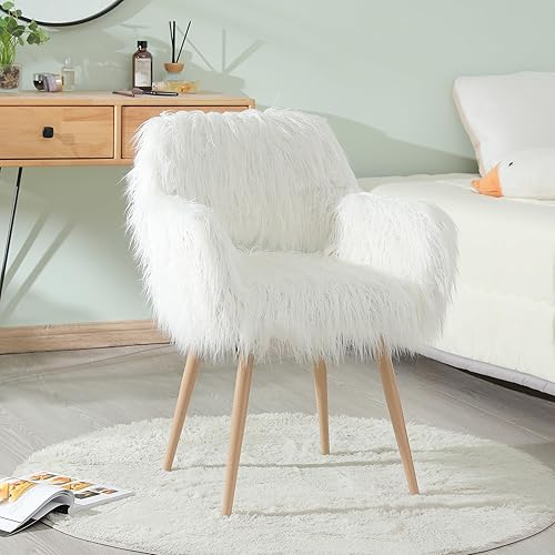 Miniatura 9 de SSLine Silla de tocador de piel sintética, elegante silla de escritorio de maquillaje de pelo blanco para niñas y mujeres, moderna y cómoda silla