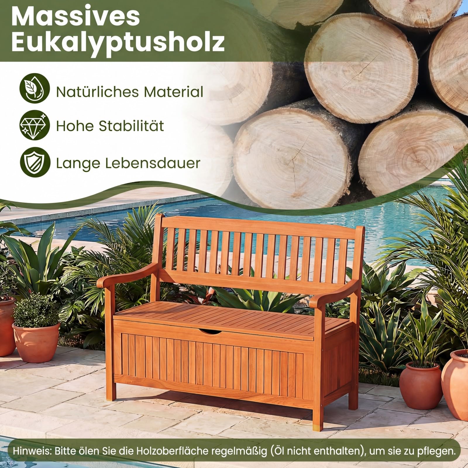 GIANTEX Gartenbank Holz mit Stauraum, Truhenbank mit Aufbewahrungsbox, 2-Sitzer Sitzbank Massivholz bis 360 kg belastbar, Terrassenbank Outdoor, Garten Holzbank mit Arm- & Rücklehne, 107x59x90cm