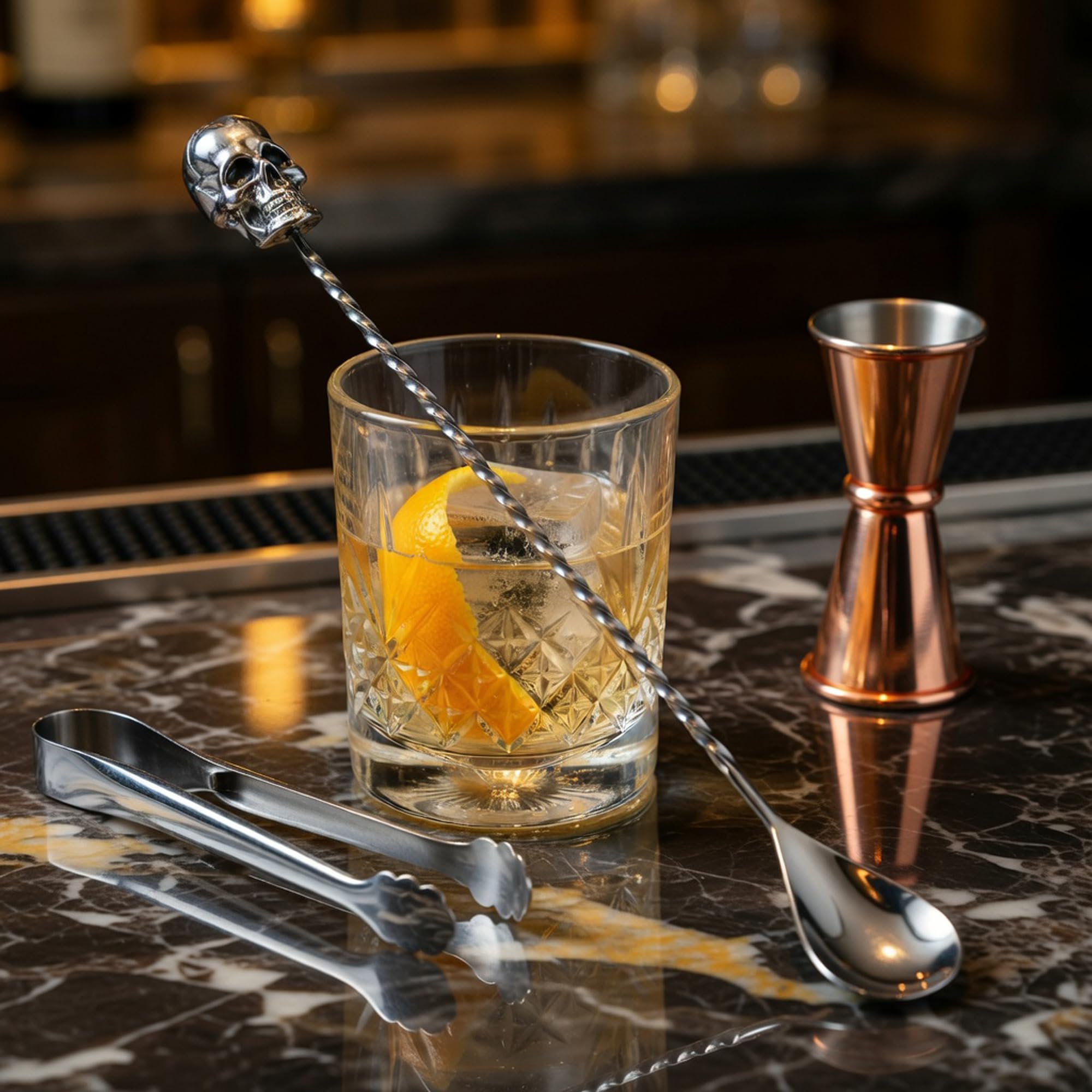 Homestia Cucchiaio da bar da 30,5 cm, cucchiaio da cocktail in acciaio inox con manico a spirale e estremità a teschio, manico lungo, per barista, stratificazione e miscelazione di bevande