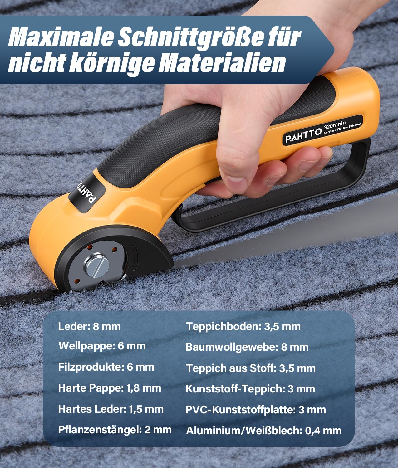 PAHTTO Kartonschneider elektrisch Schere mit Handgriff, Kabellose Rollschneider Akku-Universalschneider Rotationsschneider für Papier, Pappe, Teppich, Leder, Filz, Stoff